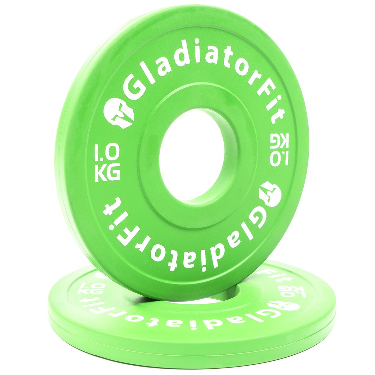Grüne Gummi-Fraktionsscheibe. Aufschrift GladiatorFit und 1,0 KG. Zwei Scheiben, eine liegt auf der anderen.