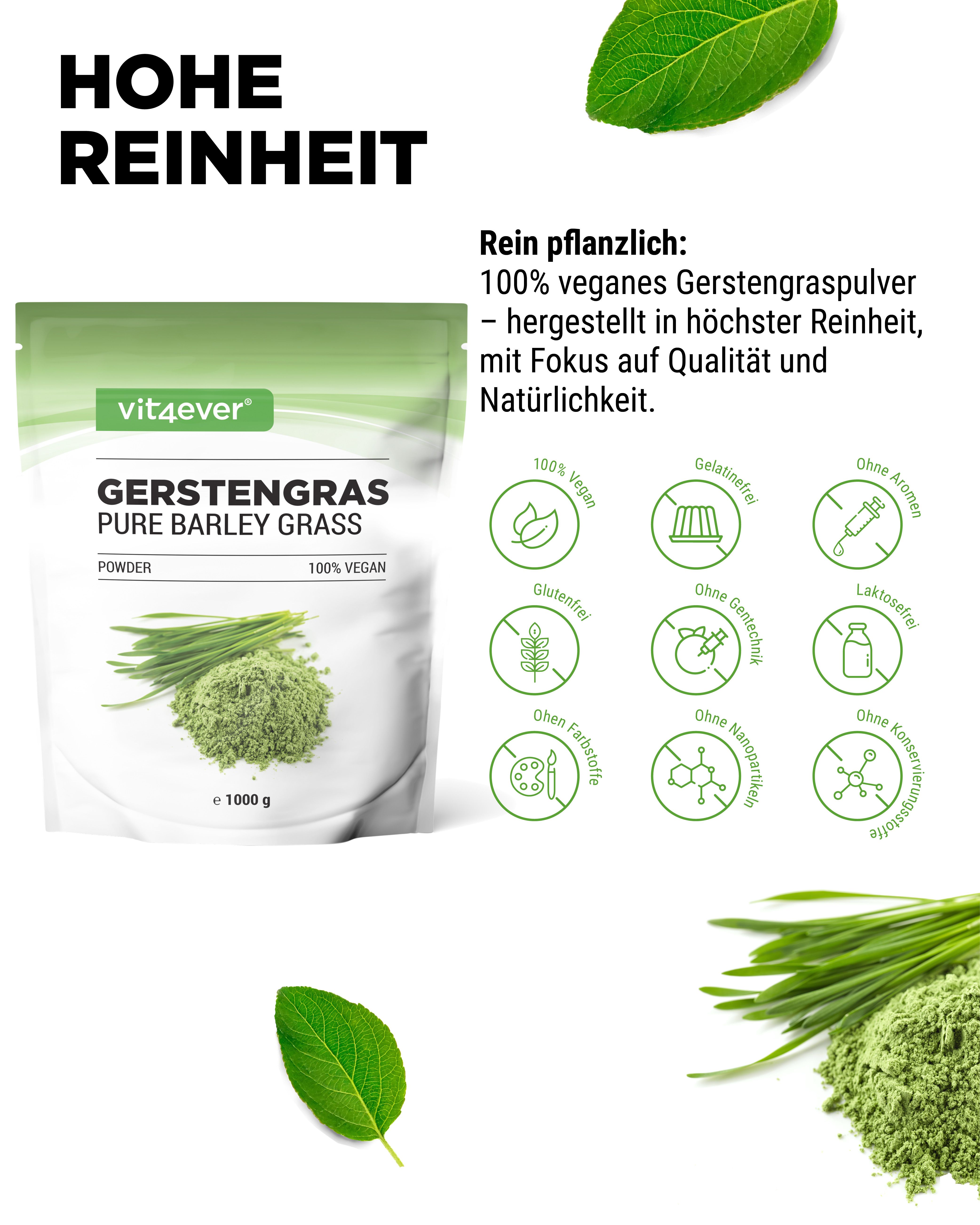 Produktverpackung mit grünen Blättern und Icons. Text: Hohe Reinheit. 100% vegan, glutenfrei, ohne Zusätze.