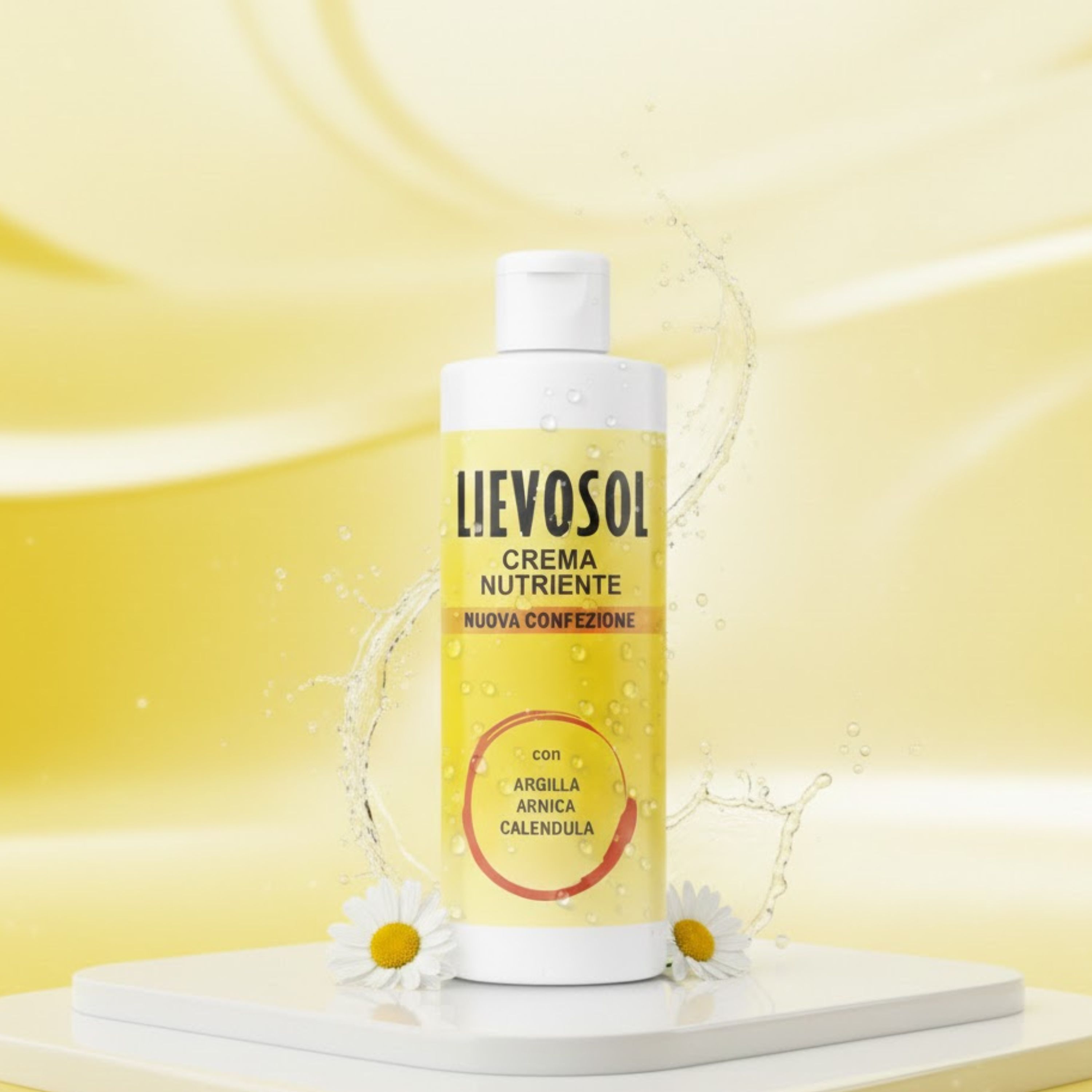 Gelbe Flasche mit weißem Deckel. Text: Lievosol Crema Nutriente, Nuova Confezione. Mit Argilla, Arnica, Calendula. Gänseblümchen.