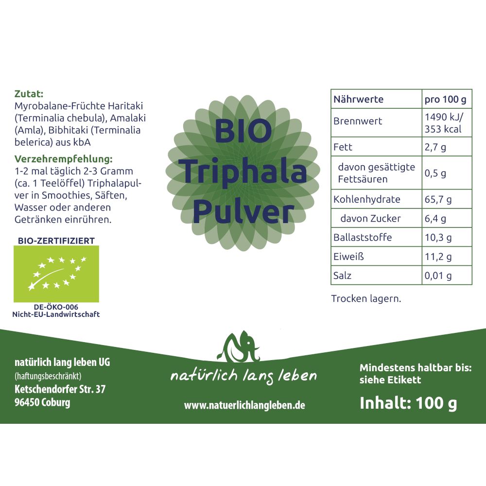 Etikett mit Inhaltsangaben und Nährwerten. Aufschrift: BIO Triphala Pulver. Logo. BIO-Zertifizierung. Inhalt: 100 g.