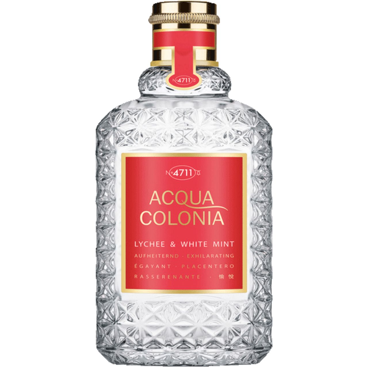 Glasflakon mit rotem Etikett. Aufschrift: Acqua Colonia Lychee & White Mint. Geätztes Muster. Goldener Verschluss.