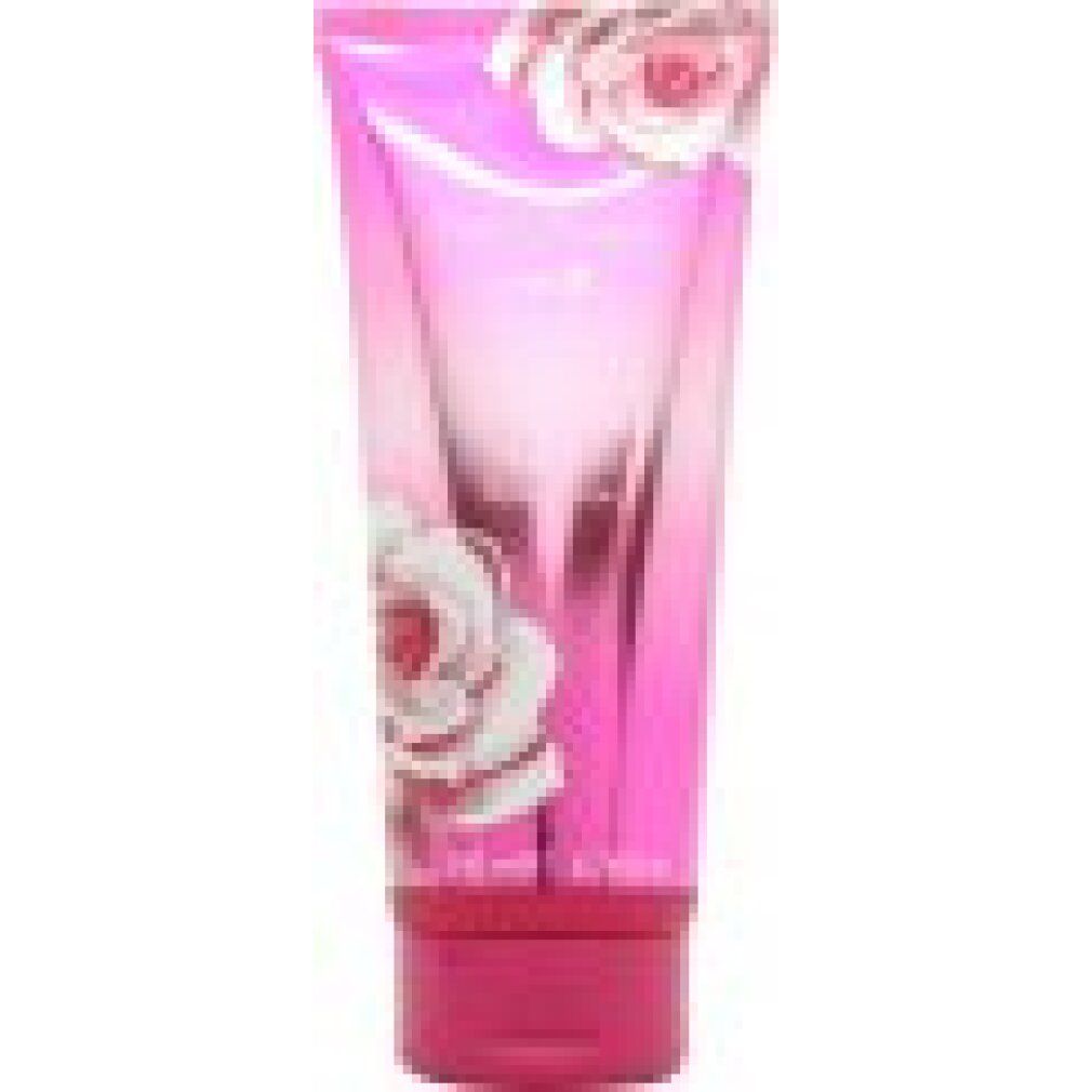 Rosa Tube mit Rosen-Dekor und Text. Produktname nicht lesbar.