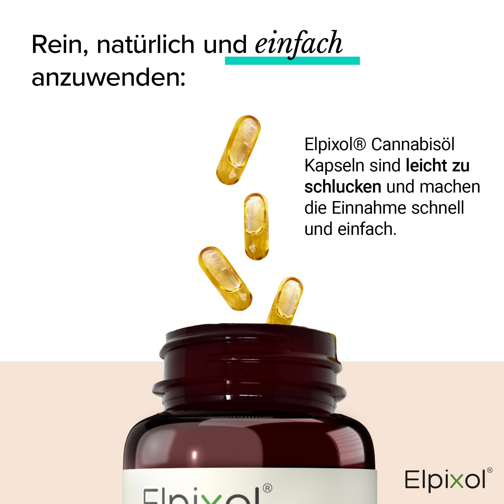Kapseln fliegen aus einer Flasche mit Etikett Elpixol Cannabisöl Kapseln. Text über einfache Anwendung. Leicht zu schlucken.