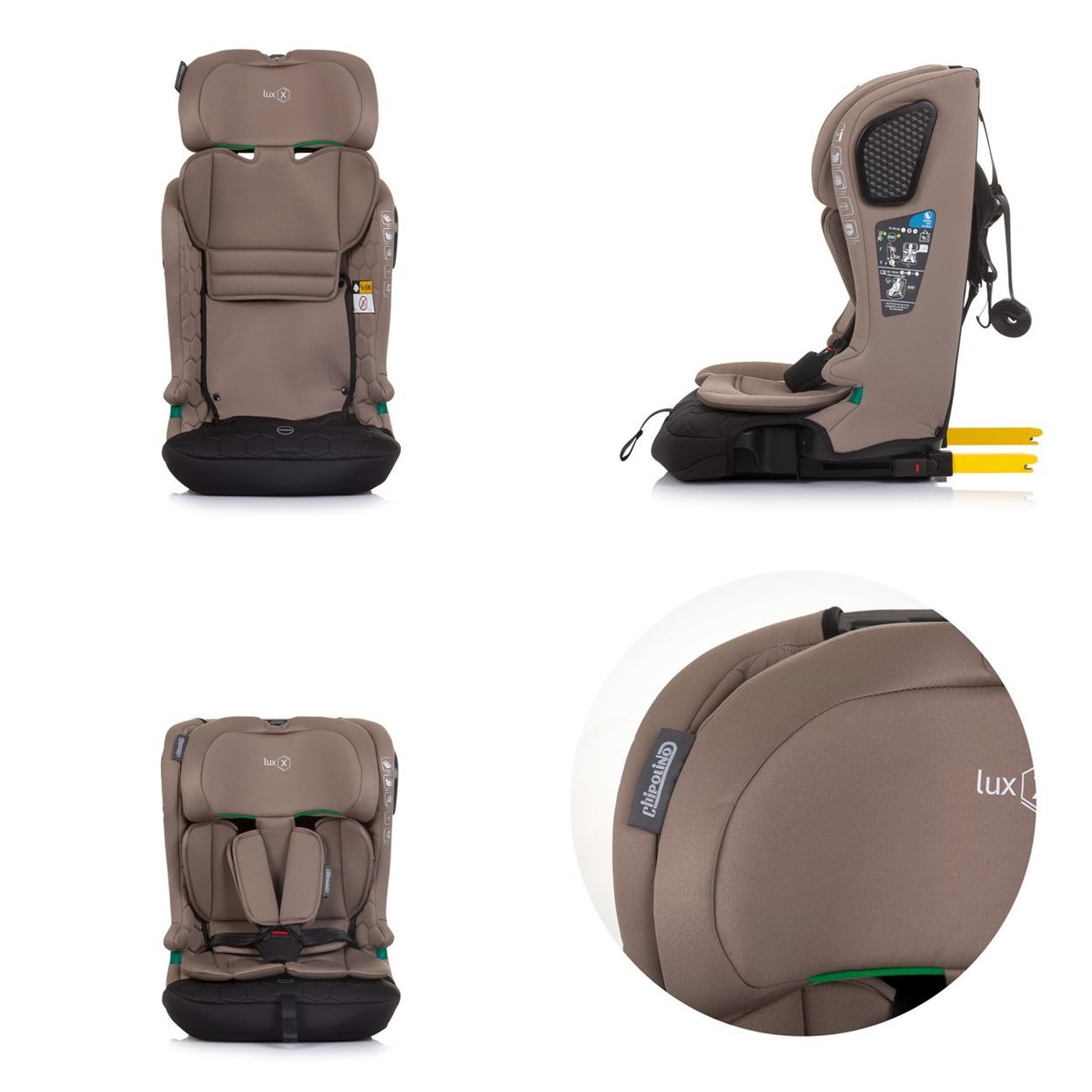 Brauner Kindersitz mit 5-Punkt-Gurt, verstellbarer Kopfstütze und Isofix-Befestigung.