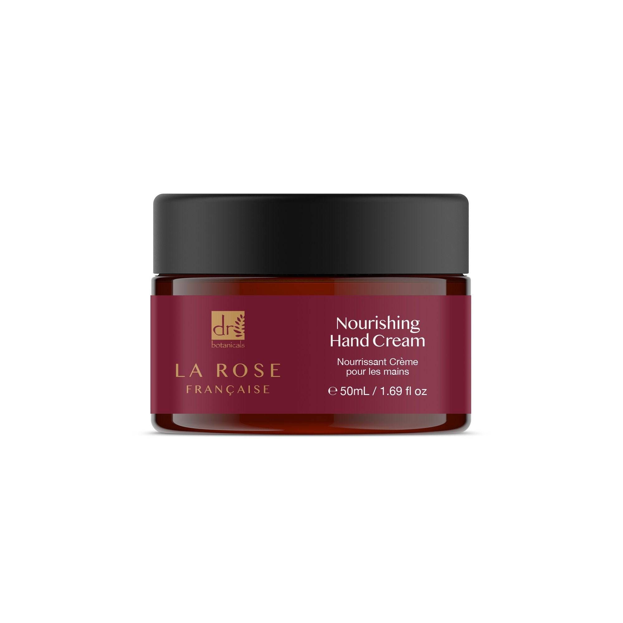 Handcreme. Aufschrift: La Rose Francaise, Nourishing Hand Cream. Braune Glasdose mit schwarzem Deckel und weißer Schrift.