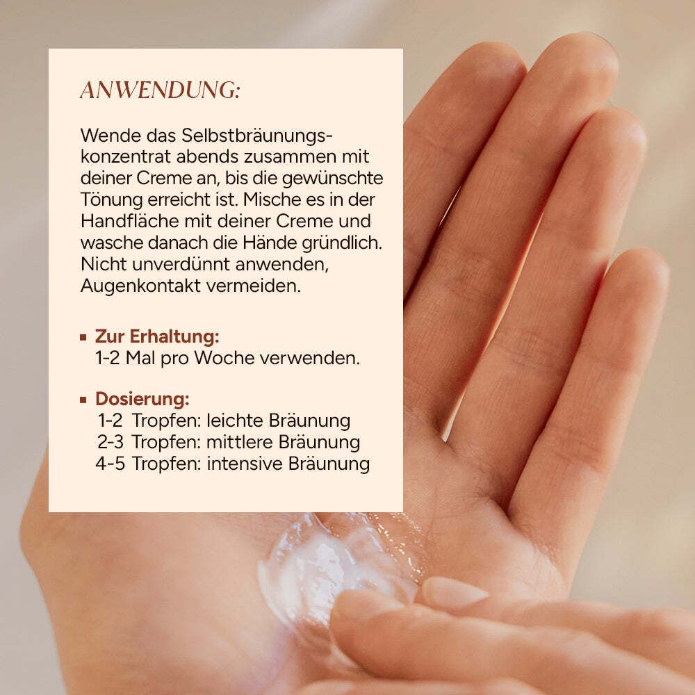 Hand mit Creme und Selbstbräunungskonzentrat. Text: Anwendung: Mischen mit Creme, 1-2 Mal pro Woche. Dosierung: 1-5 Tropfen.