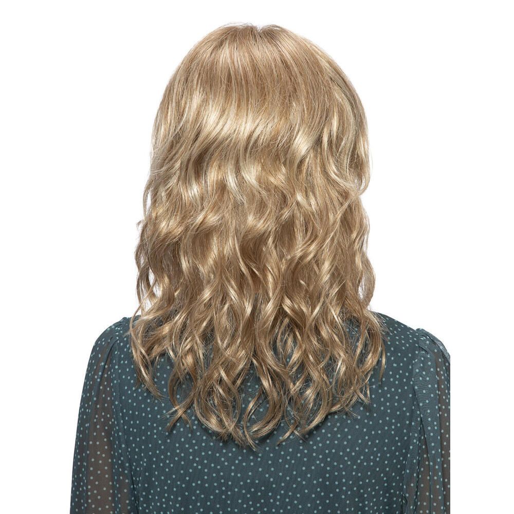 Perücke mit Pony und gewelltem Haar. Blond mit helleren Strähnen. Seitenansicht.