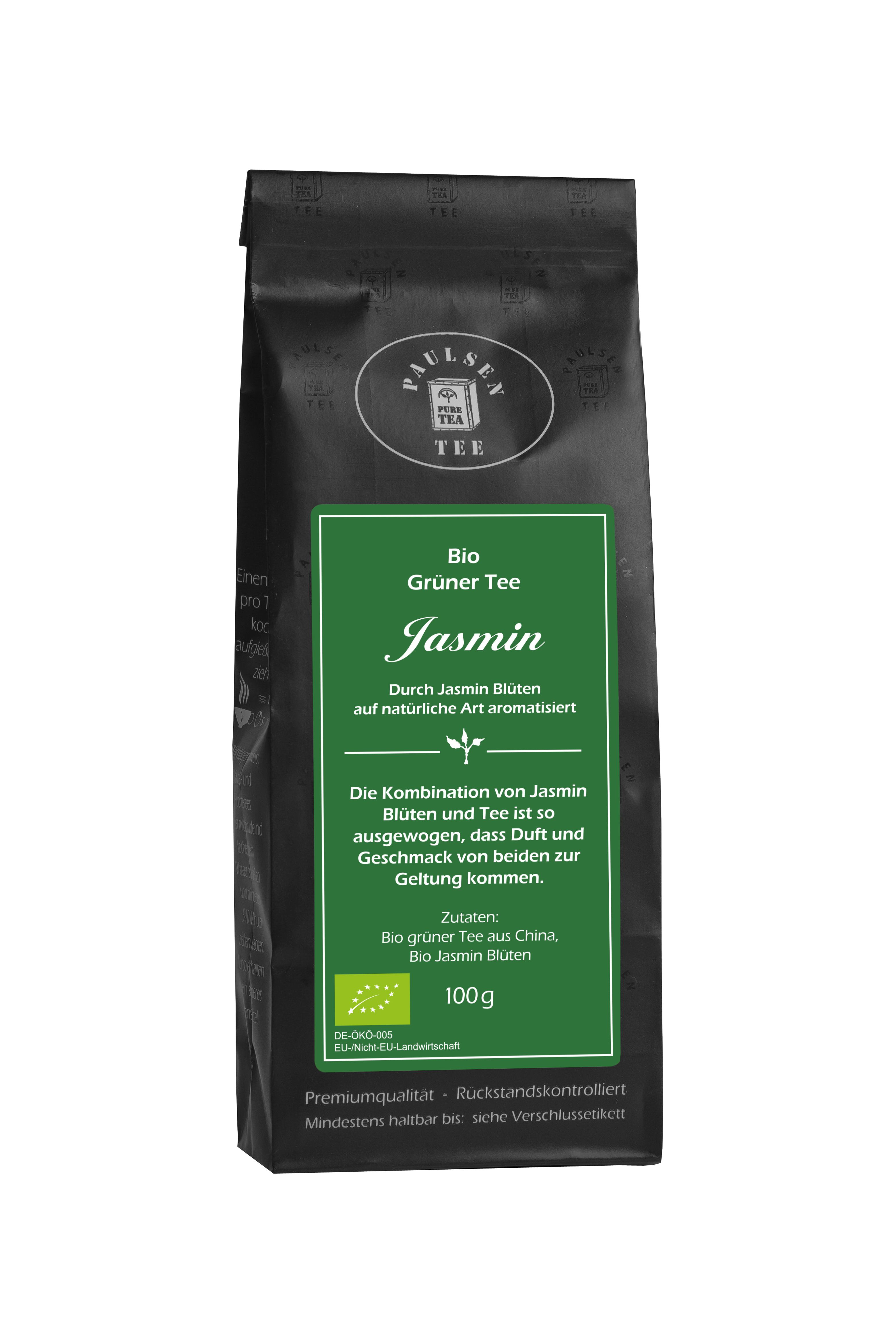 Schwarze Verpackung mit Paulsen Tee Logo. Grün bedrucktes Etikett mit "Bio Grüner Tee Jasmin". Text: "Durch Jasminblüten aromatisiert". Bio-Zertifizierung.