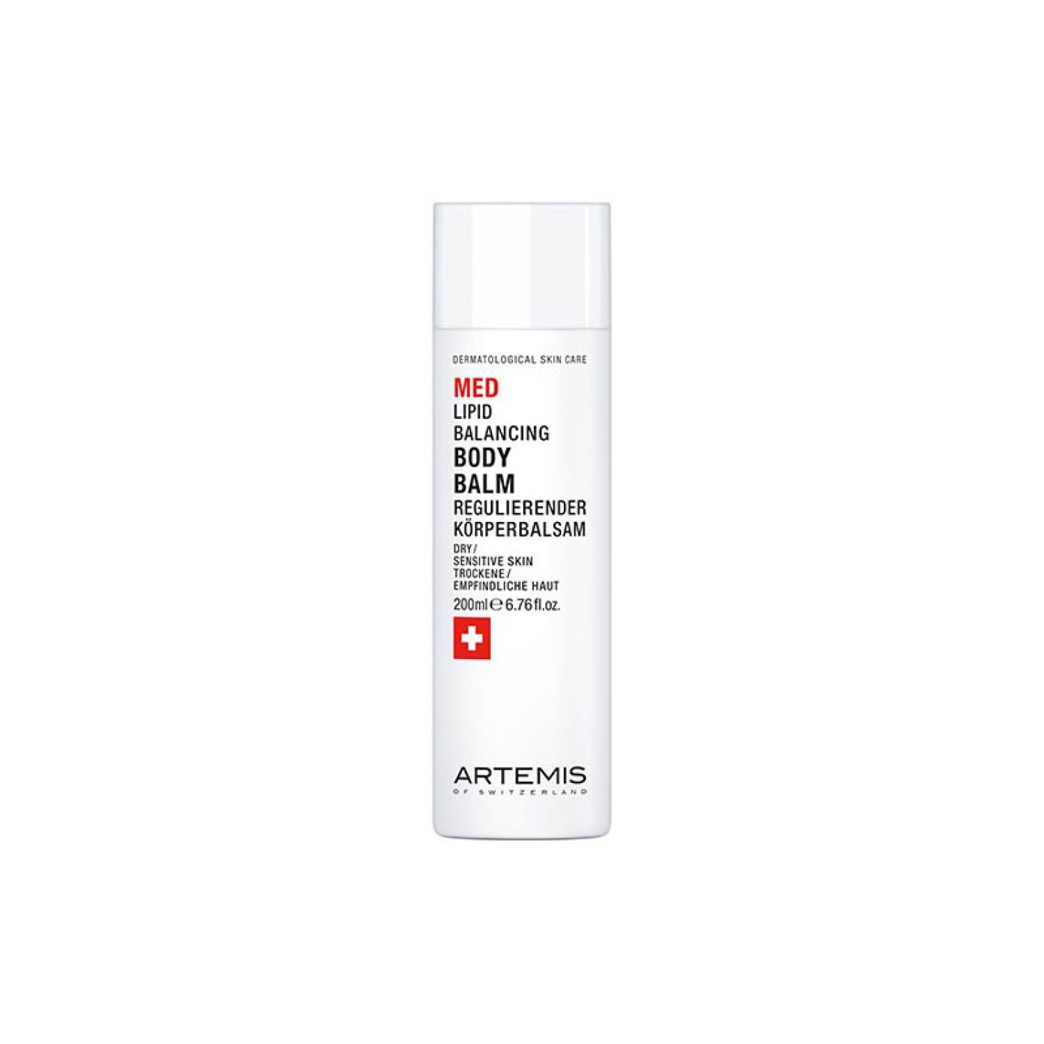 Weißer Behälter mit roter und weißer Beschriftung. Text: MED Lipid Balancing Body Balm, Regulierender Körperbalsam. Schweizer Kreuz.