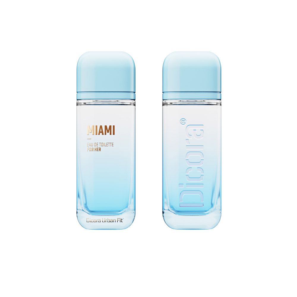 Zwei Flakons Eau de Toilette. Hellblauer Deckel und Farbverlauf. Auf einem steht "Miami Eau de Toilette for Her", auf dem anderen "Dicora".