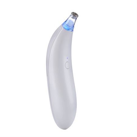 Weißes, ergonomisch geformtes Gerät mit blauem Licht an der Spitze. Ein Knopf und eine LED-Anzeige sind sichtbar.