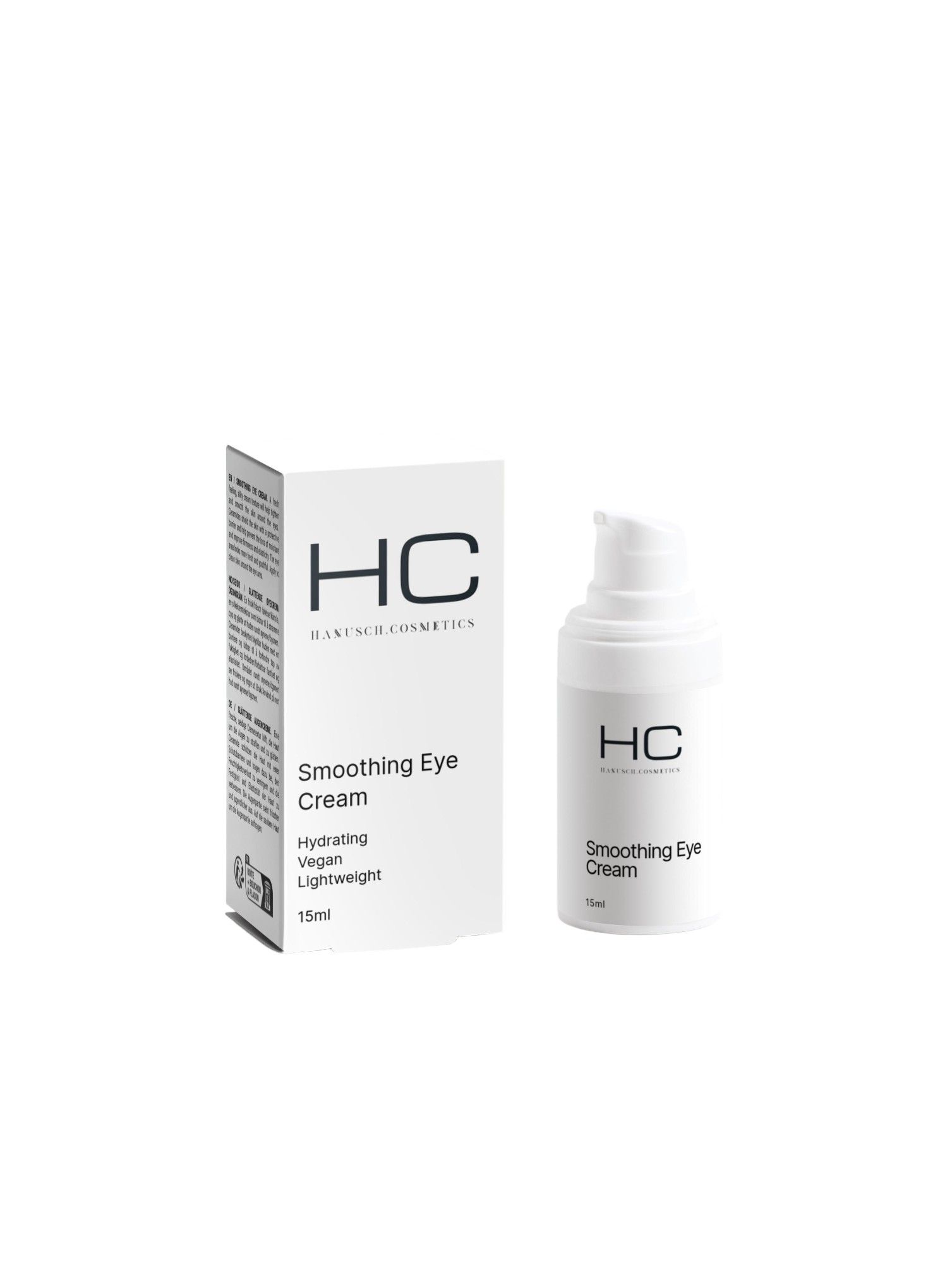 Weiße Flasche und Karton mit Aufschrift "HC Hanusch Cosmetics Smoothing Eye Cream". Vegan, leicht, 15ml.