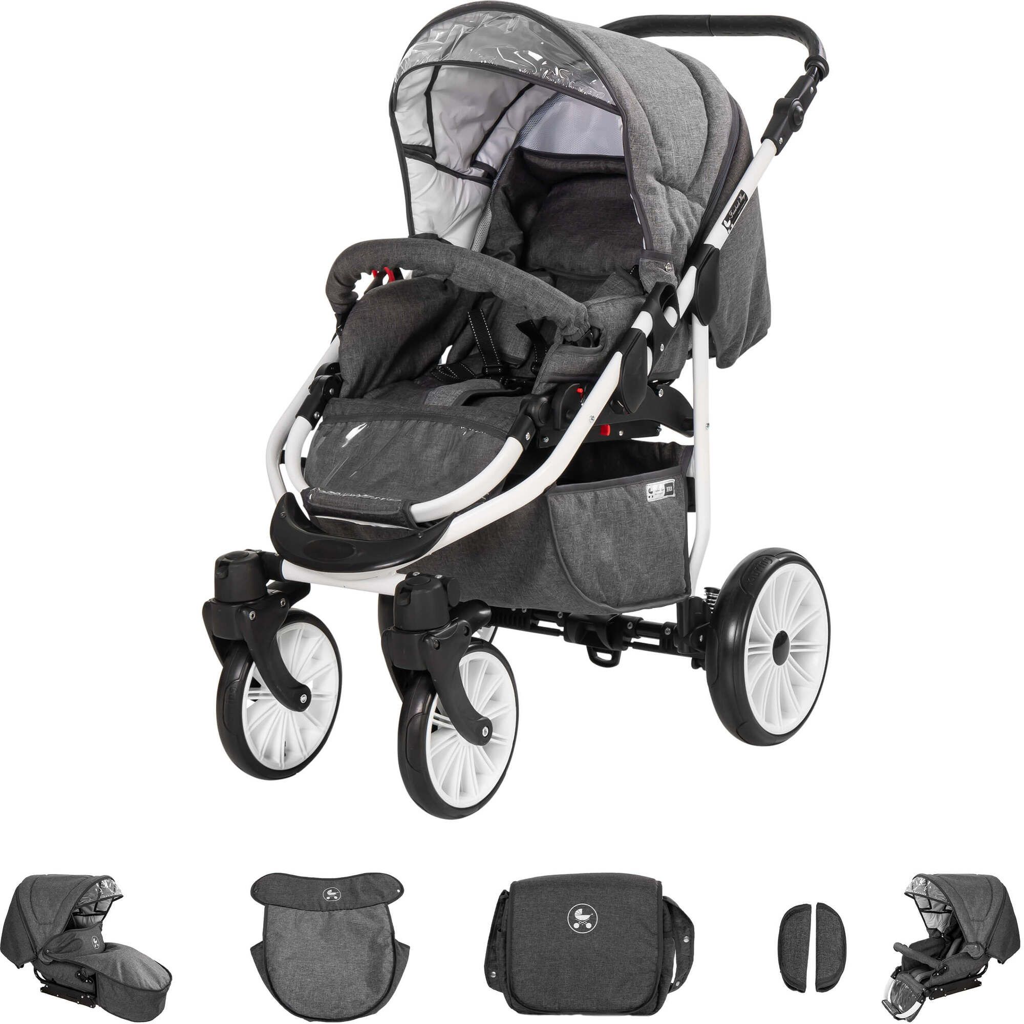 Friedrich Hugo Berlin 3 in 1 Kinderwagen mit Original Maxi Cosi, Gel Dark Grey and Grey Day