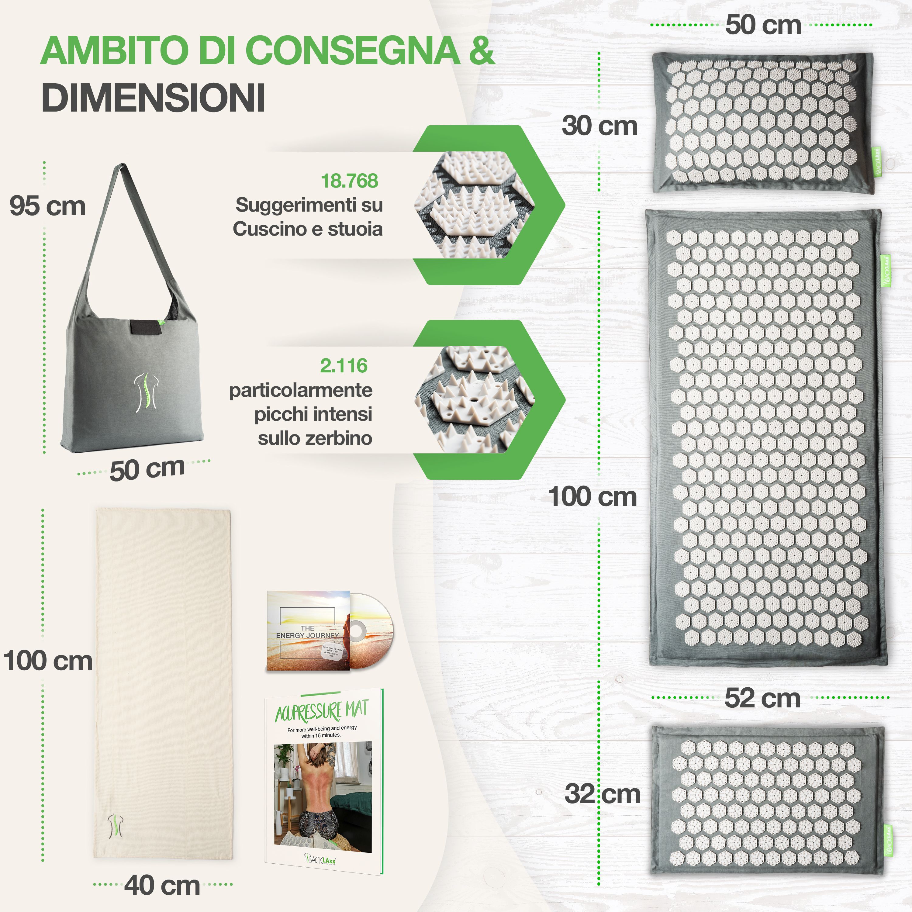 Set tappetino acupressione con cuscino, tappeto, tappetino per i piedi, borsa, e-book e dimensioni. 18.768 punte.