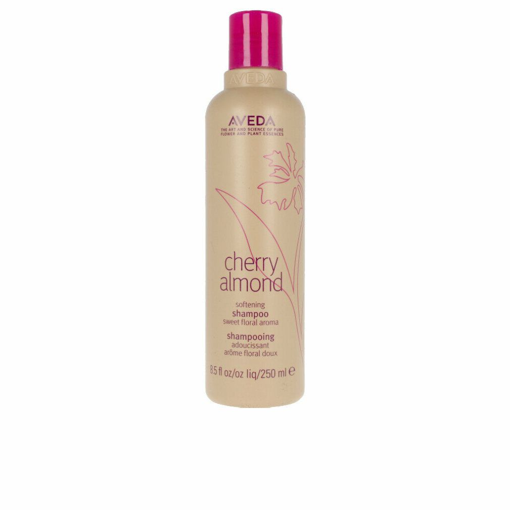 Beige Shampoo-Flasche mit pinkfarbenem Deckel. Aufschrift: Aveda, Cherry Almond, softening shampoo. 8.5 fl oz/250 ml.