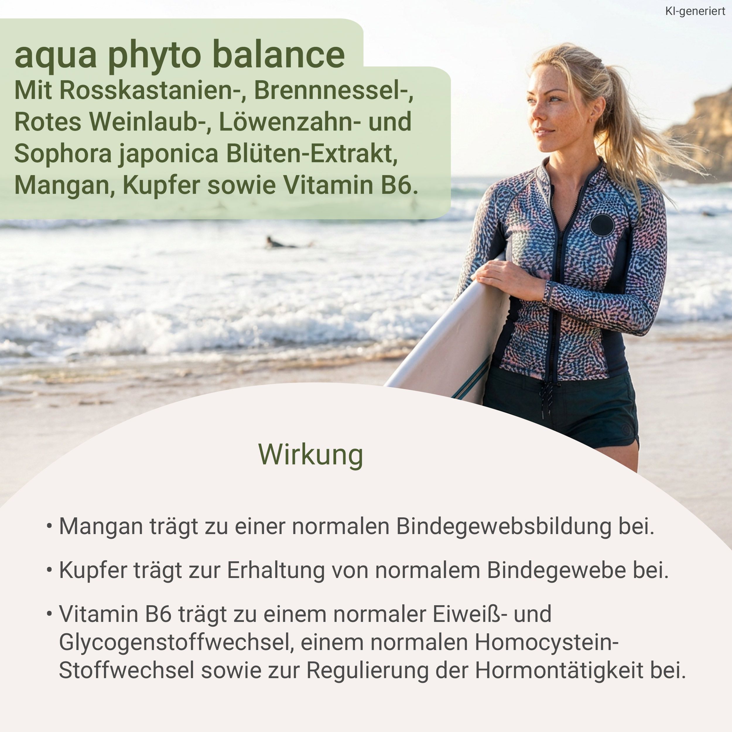 Frau mit Surfbrett am Strand, Text über 'aqua phyto balance' und Inhaltsstoffe.