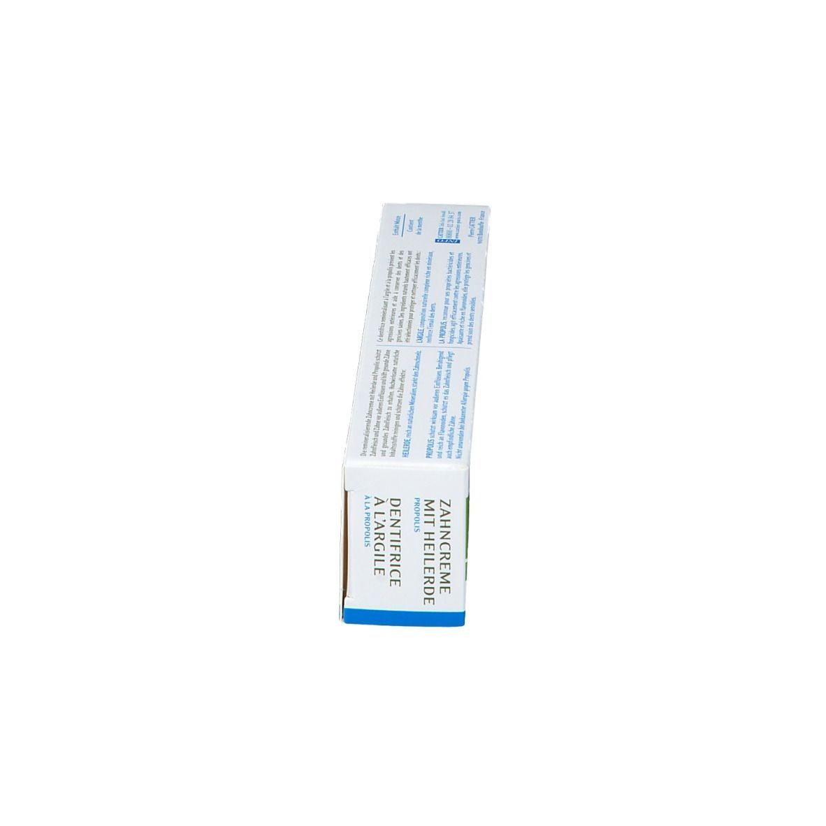 Zahncreme-Schachtel, weiß-grün-blau. Text: CATTIER, Zahncreme mit Heilerde, Dentifrice à l'argile.