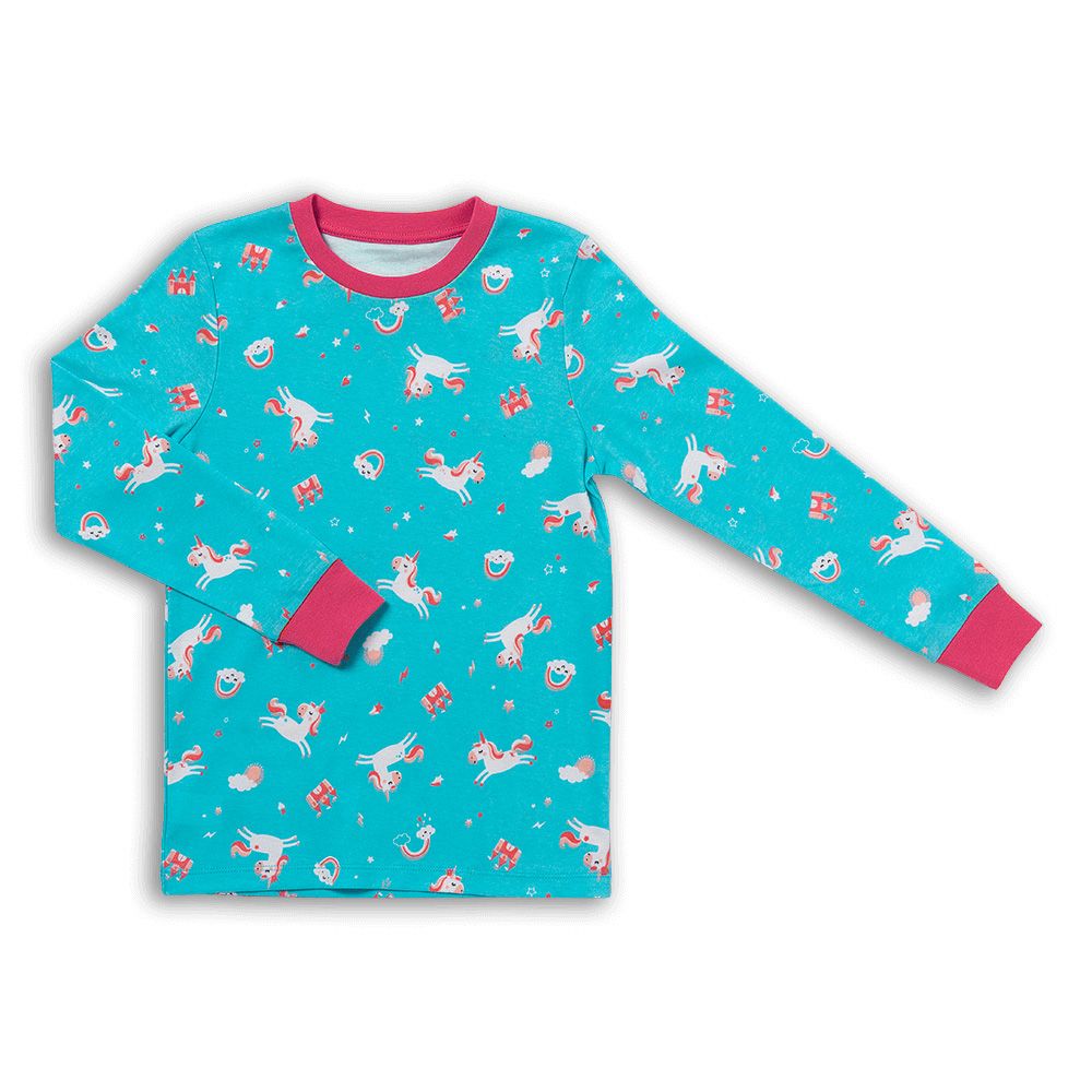 Blaues Langarmshirt mit Einhorn-Muster. Rosa Bündchen. Rundhalsausschnitt.