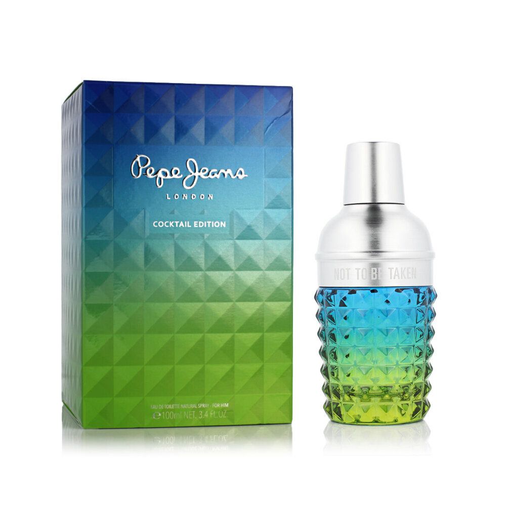 Flakon und Verpackung von Pepe Jeans For Him Cocktail Edition. Flakon in Shaker-Form, Farbverlauf von Grün zu Blau. Verpackung mit Logo.