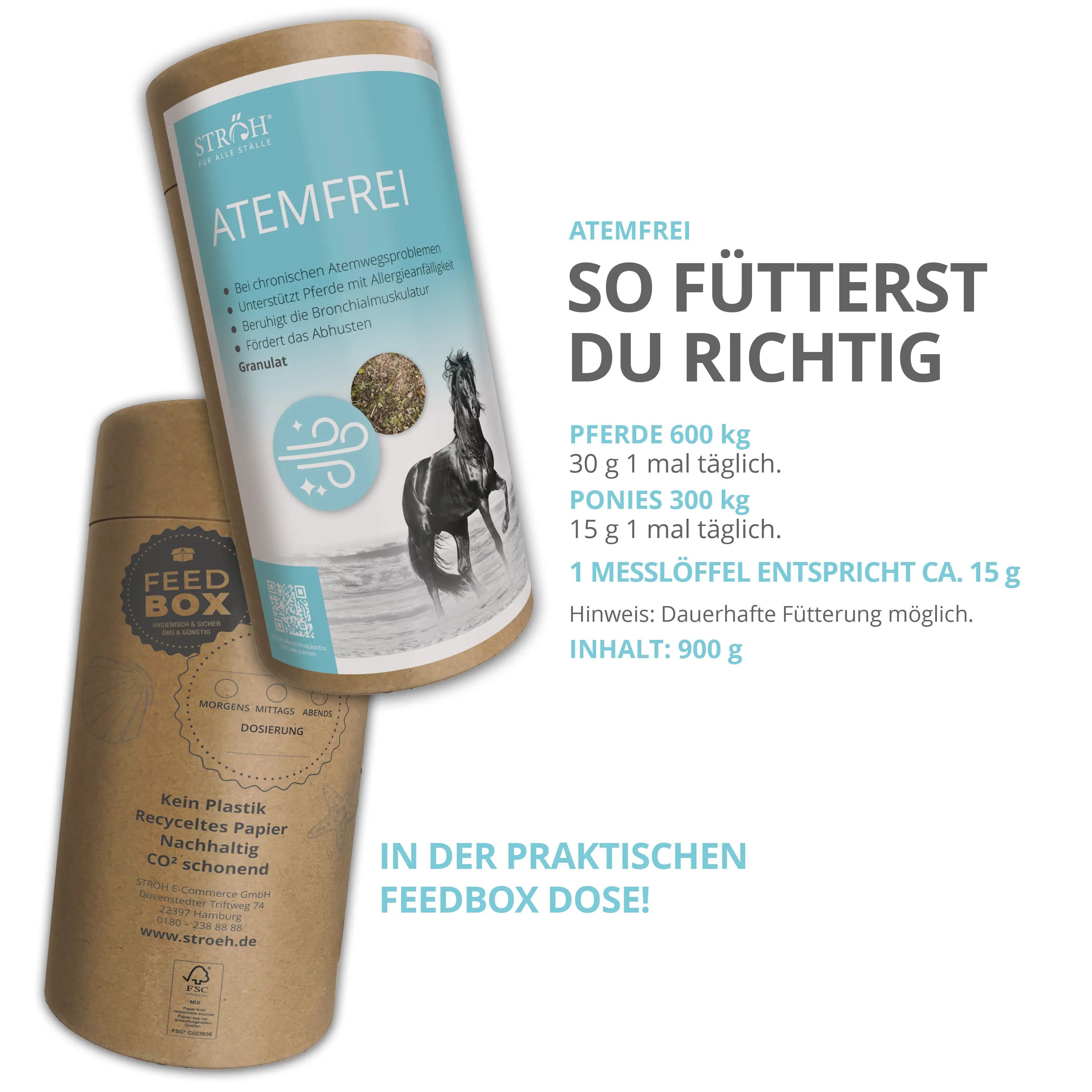 Zwei zylindrische Dosen. Aufschrift: ATEMFREI. Eine Dose: FEEDBOX. Text: So fütterst du richtig. 1 Messlöffel entspricht ca. 15 g.