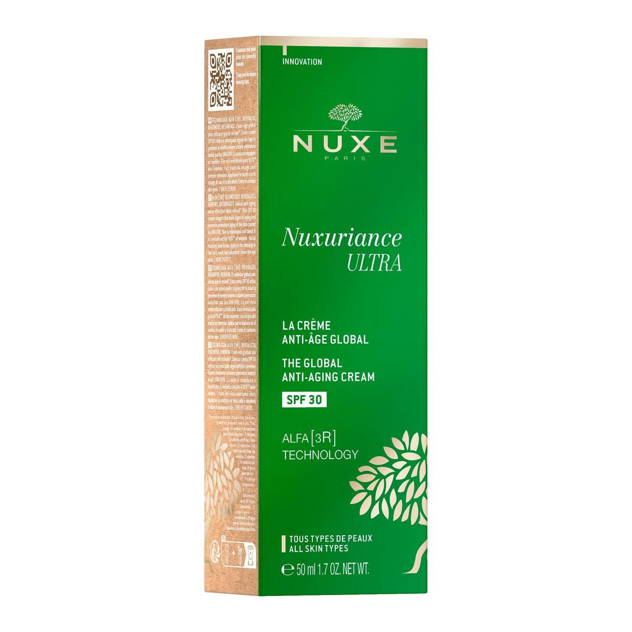 Drei grüne Tuben mit weißer Schrift. NUXE, Nuxuriance Ultra, Anti-Aging Creme, SPF 30. UV-Schutz.