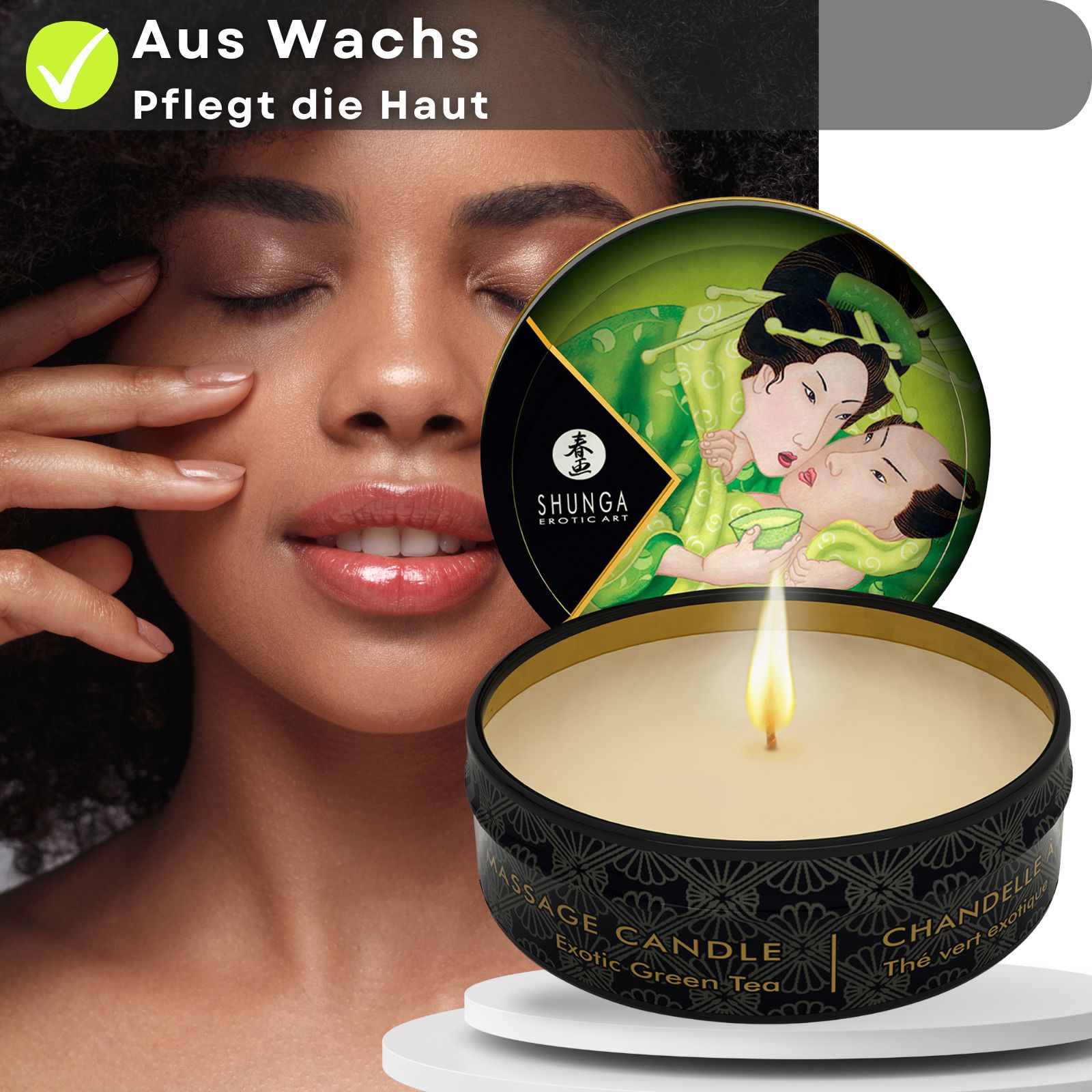 Produktabbildung mit Text: Aus Wachs, Pflegt die Haut. Dose mit Kerze und Flamme. Frau berührt Gesicht. Hintergrund: Sonnenlicht.