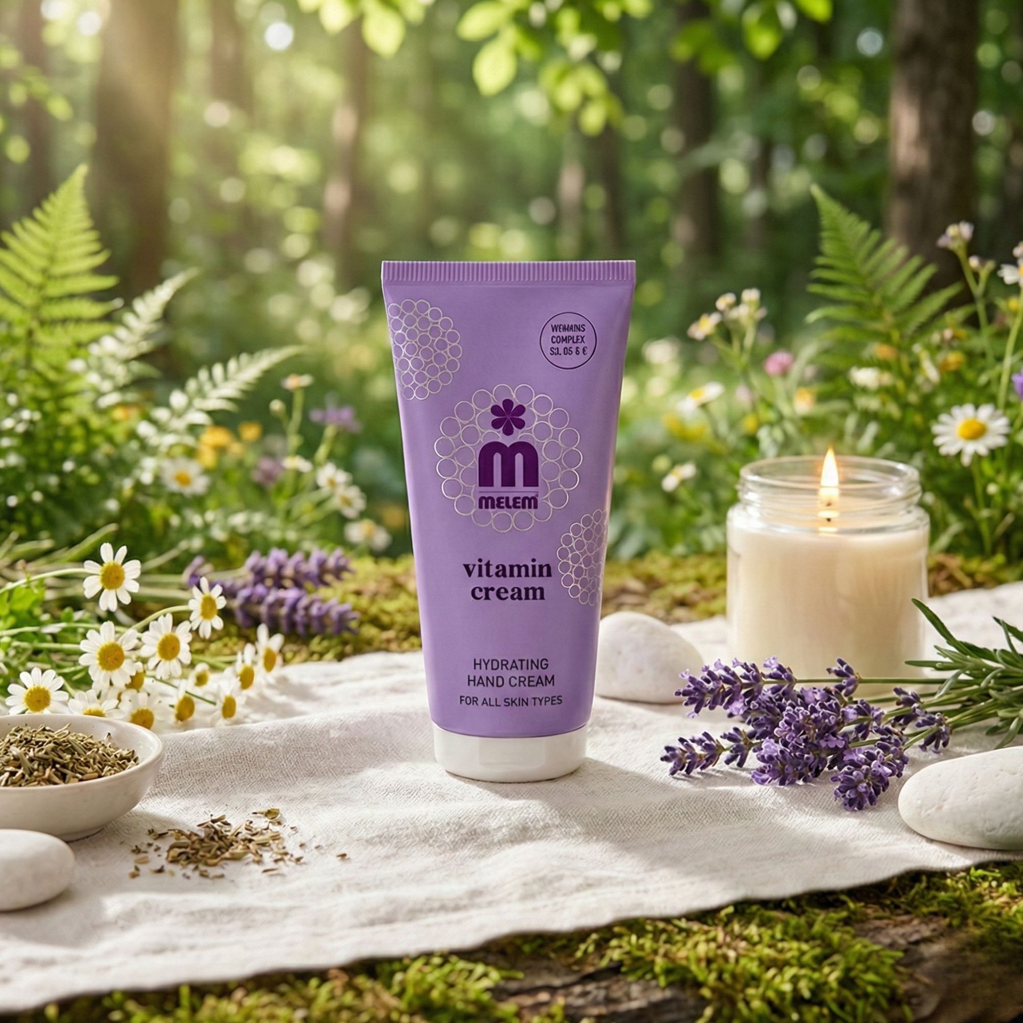 Lila Tube Melem Vitamin Handcreme auf einem Holztisch. Aufschrift: Vitamin Cream, Hydrating Hand Cream, für alle Hauttypen. Umgebung: Kerze, Blumen.