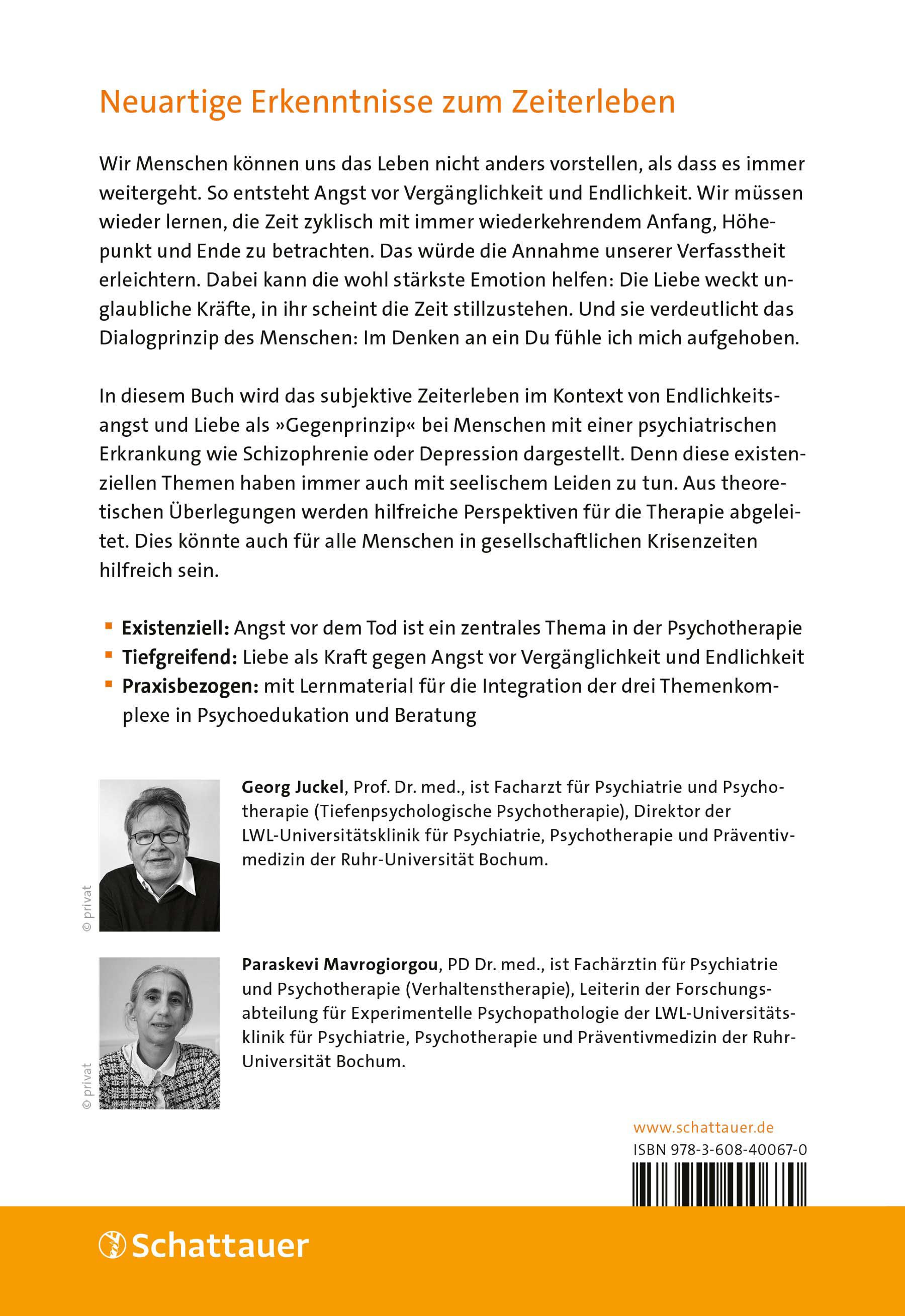 Buchrückseite: Text über das Zeiterleben. Autorenfotos: Georg Juckel, Paraskevi Mavrogiorgou. Verlag: Schattauer. ISBN-Code.