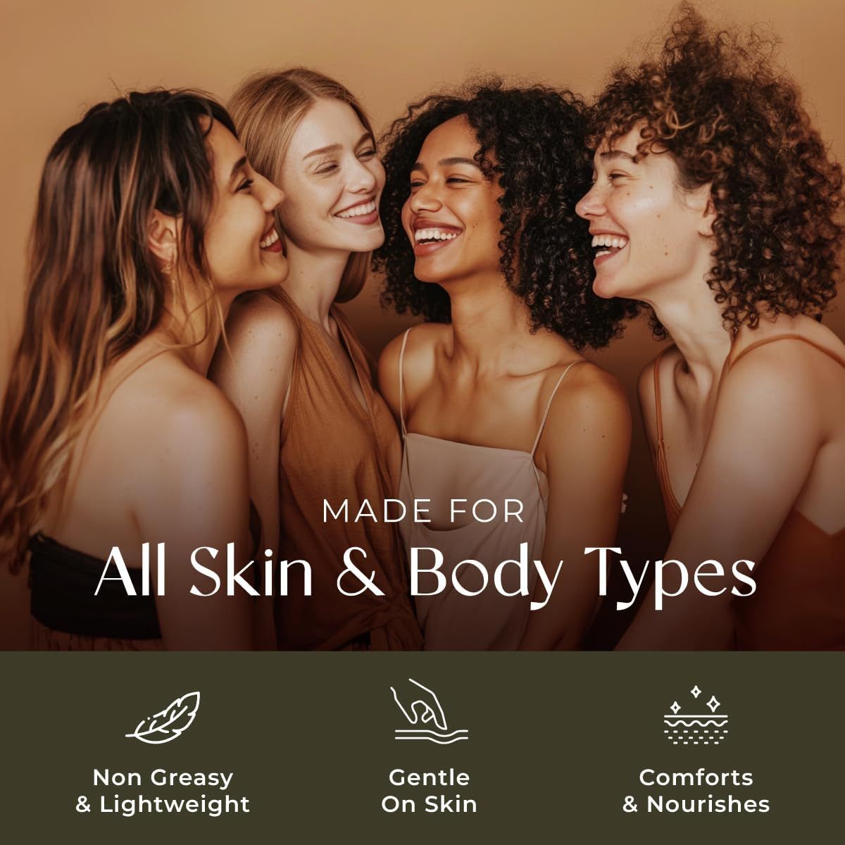 Vier Frauen lachen. Text: Für alle Haut- und Körpertypen. Symbole: Nicht fettend, sanft zur Haut, beruhigend.