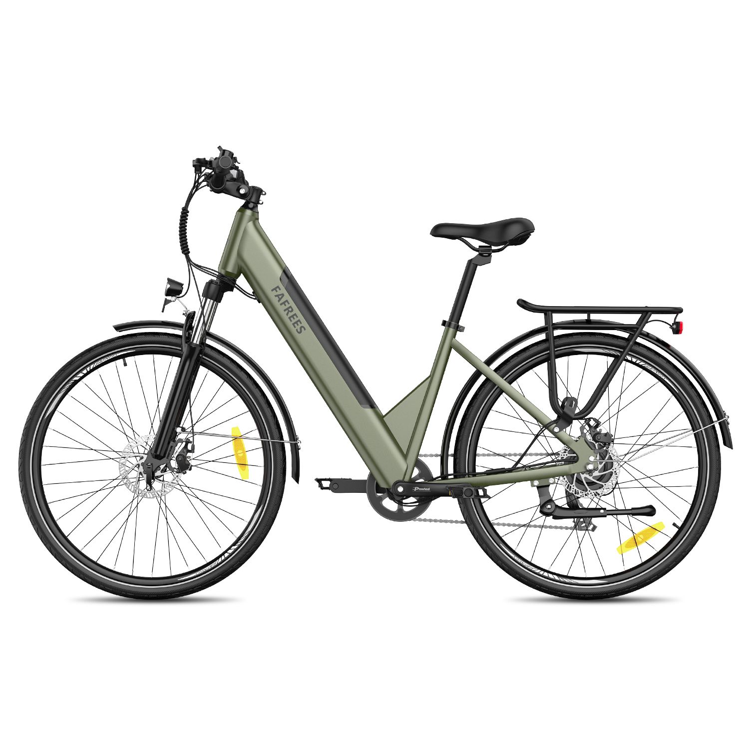 Grünes E-Bike mit Gepäckträger, Schutzblechen und dem Schriftzug FAFREES. Schwarze Reifen und Sattel.