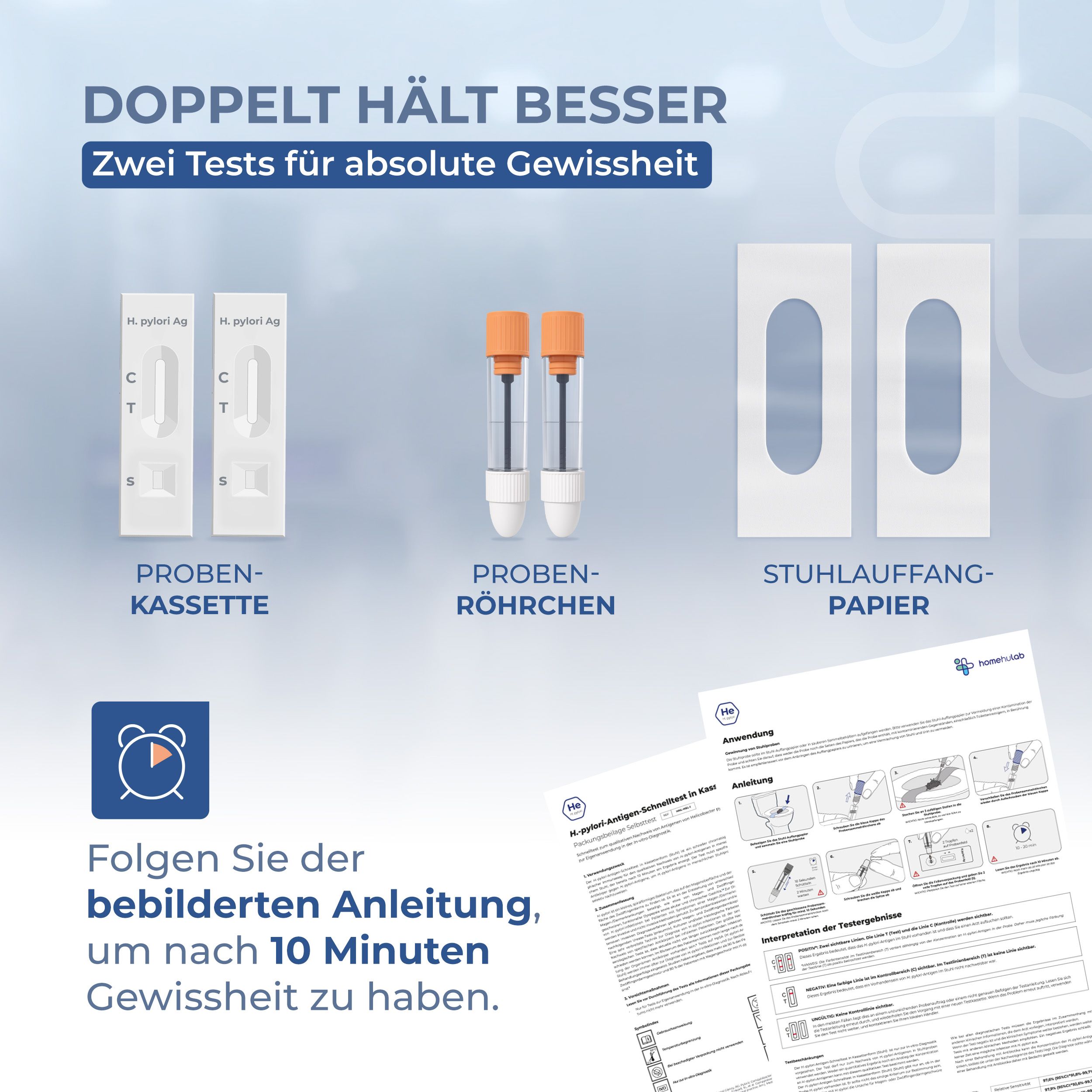 Testkomponenten: Testkassetten, Probenröhrchen, Stuhlauffangpapier und Anleitung.