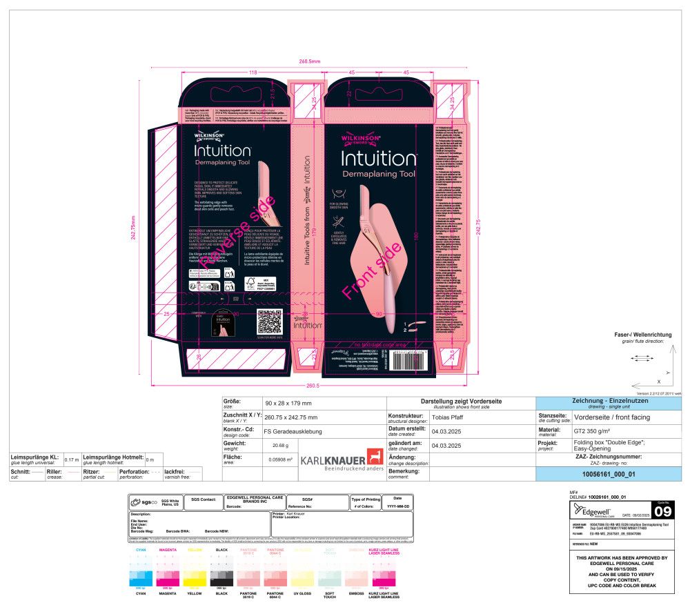 Verpackungszeichnung für ein Dermaplaning-Tool.