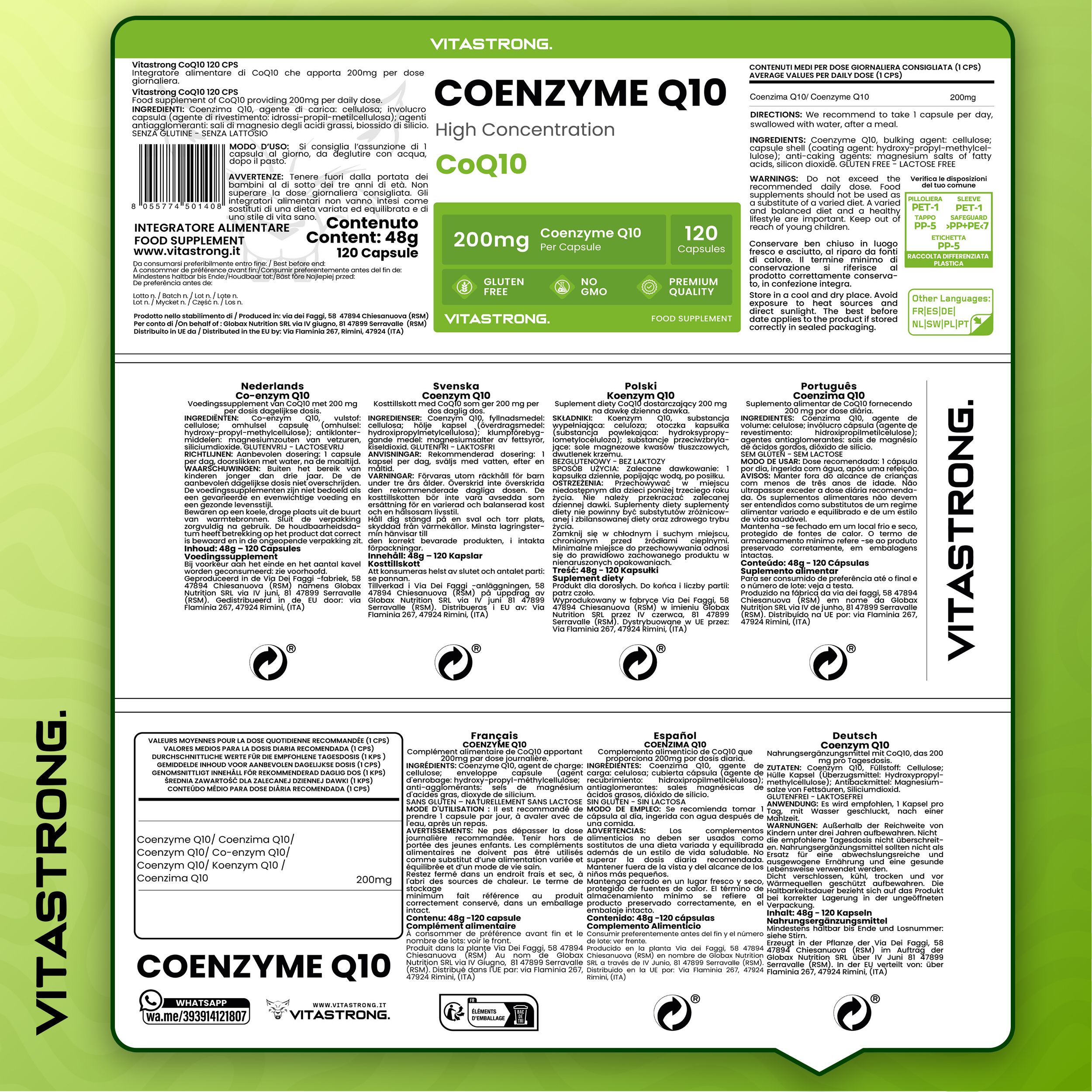 Mehrsprachige Produktinformationen. Coenzym Q10, 200mg, 120 Kapseln. Inhaltsstoffe, Anwendung, Warnhinweise.