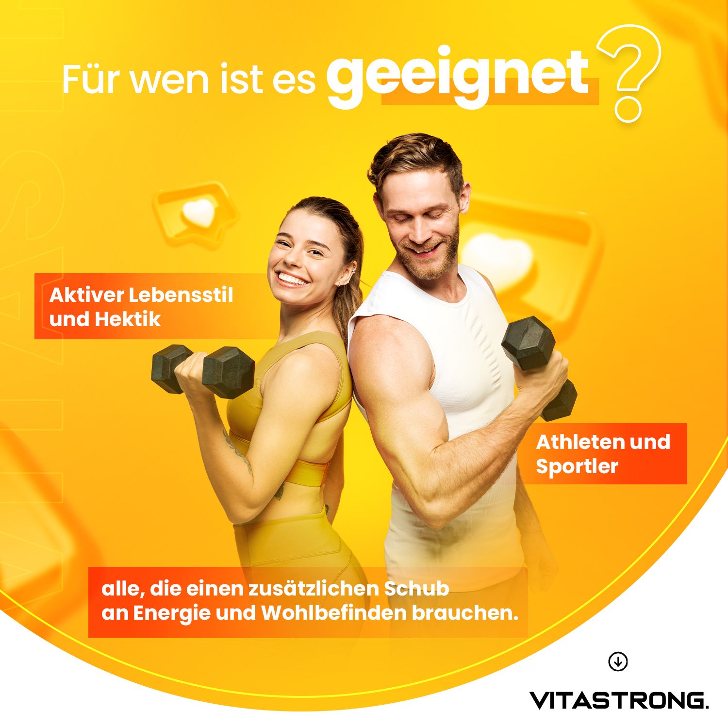 Paar mit Gewichten. Text: Aktiver Lebensstil, Athleten und Sportler. Vitastrong Multivitamin.