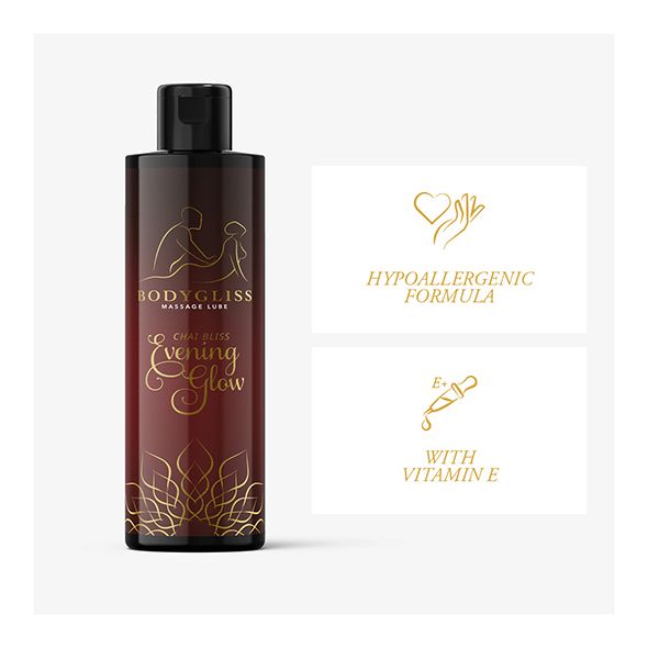 Bodygliss Massageöl Flasche. Aufschrift: Chai Bliss Evening Glow. Zusätzliche Informationen.