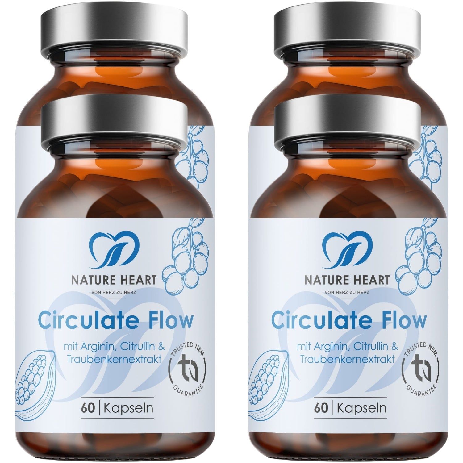Zwei Braunglasflaschen mit silbernen Schraubverschlüssen, gefüllt mit 60 Kapseln "Circulate Flow" von Nature Heart.