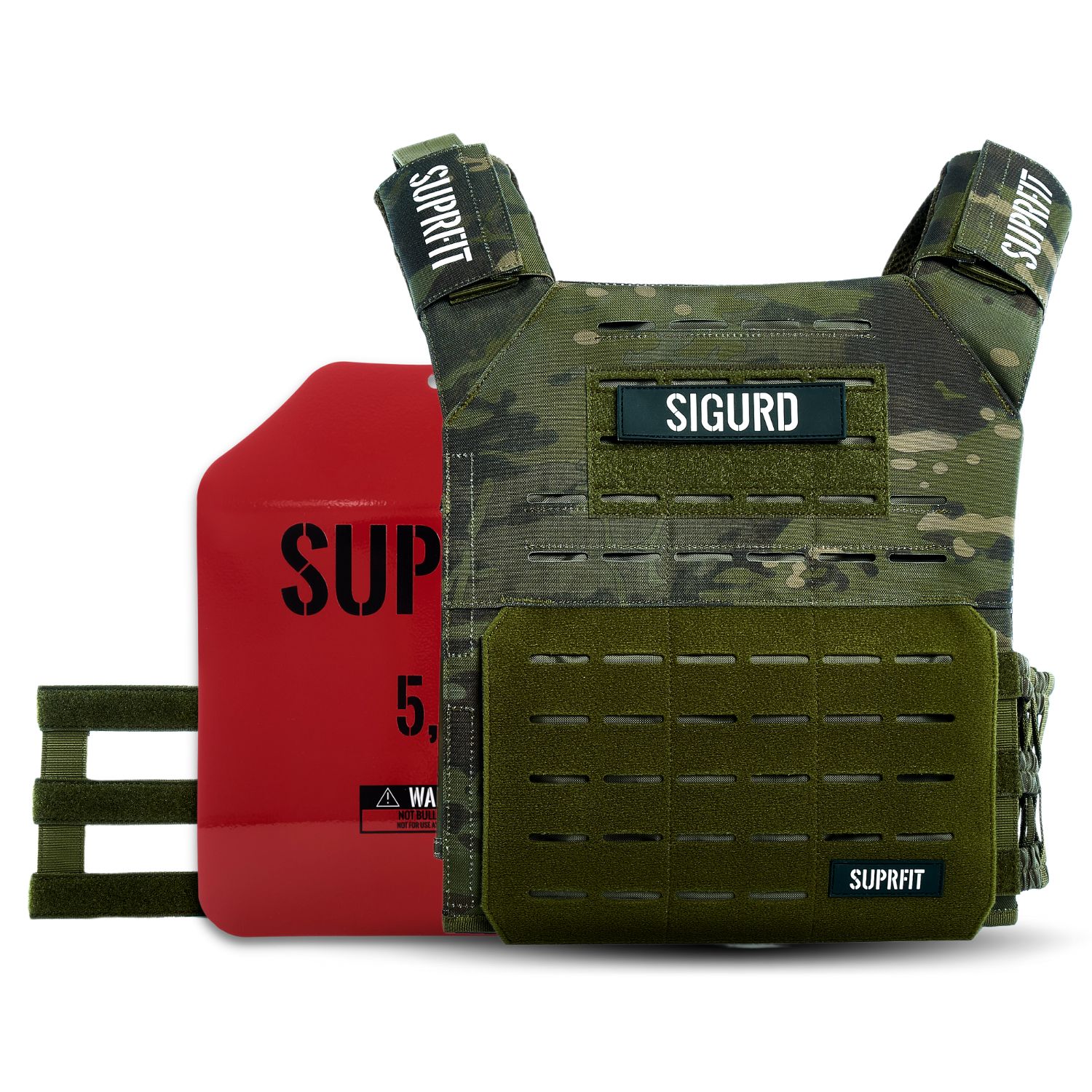 Gewichtsweste mit Multicam-Tropic-Muster. Sichtbare Logos: SUPRFIT, SIGURD. Mit rotem Kanister.
