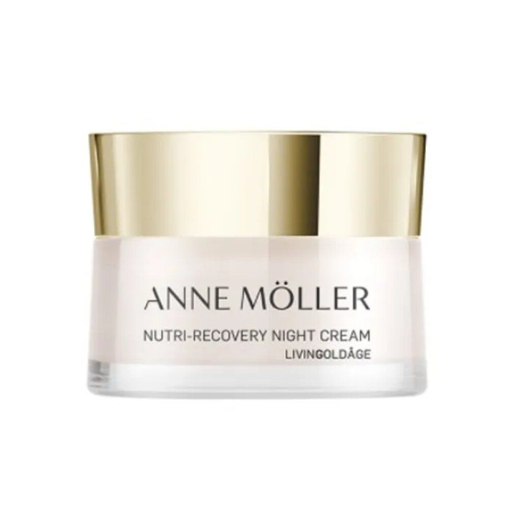 Cremebehälter mit goldfarbenem Deckel. Aufschrift: ANNE MÖLLER, Nutri-Recovery Night Cream, Livingoldâge.