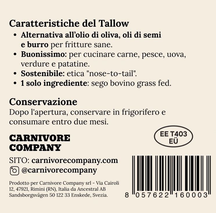 Etichetta con testo: Caratteristiche, conservazione, Carnivore Company, sito web, codice a barre e certificazione UE.