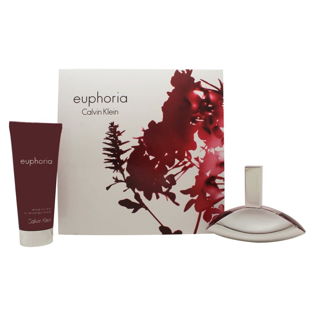 Geschenkset mit Flakon, Körperlotion und Box. Euphoria-Logo und Calvin Klein-Logo auf der Box.
