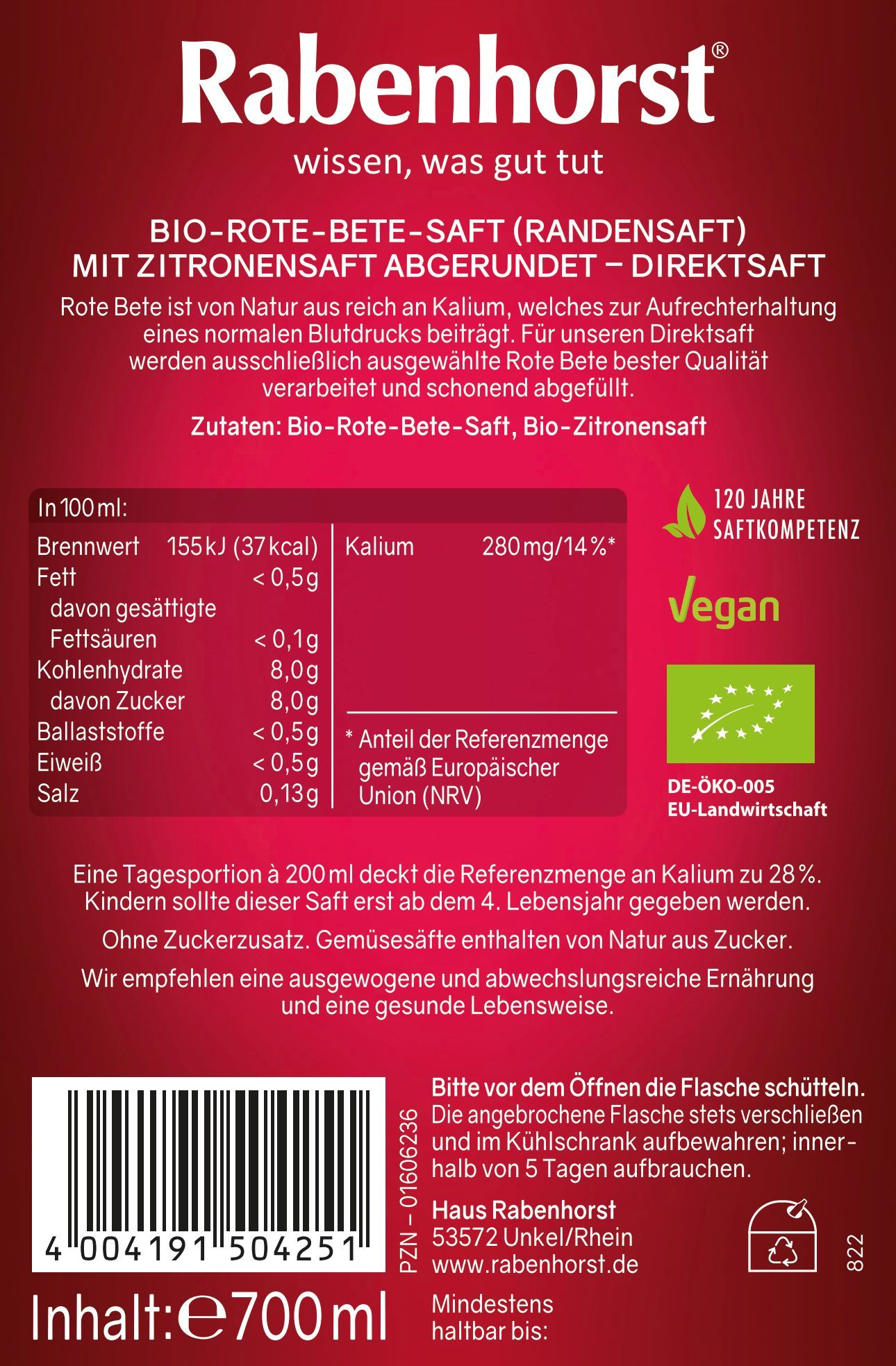 Rabenhorst Rote Bete BIO 6x700 ml Saft