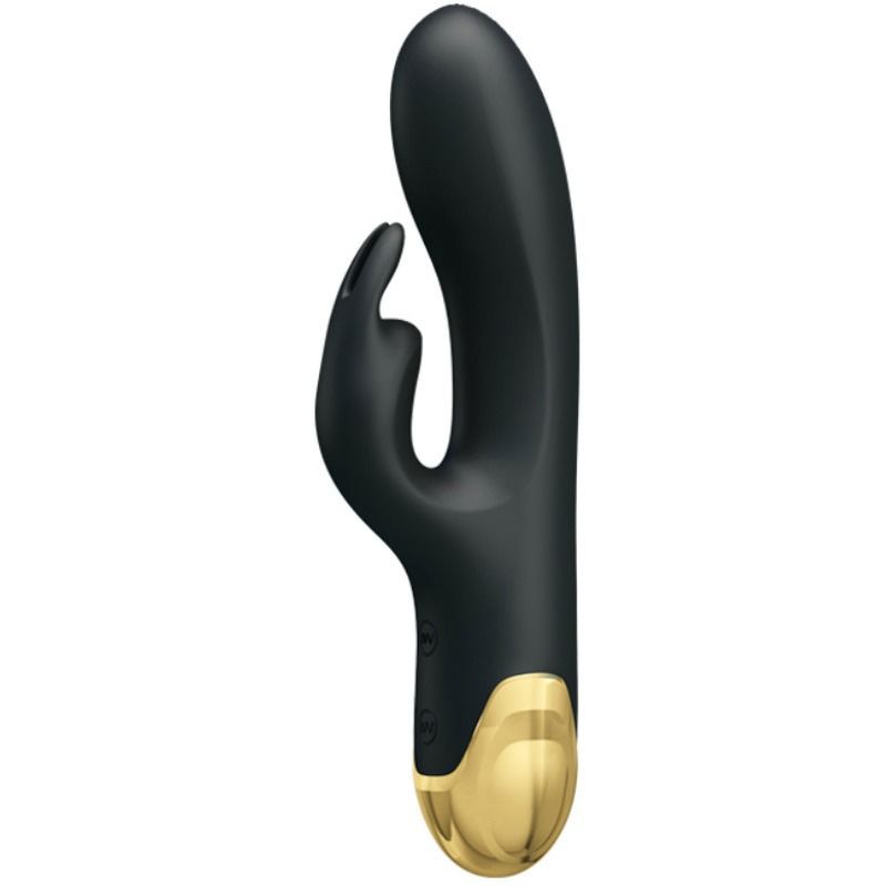 Schwarzer Vibrator mit goldfarbenem Sockel. Ergonomische Form mit gebogener Spitze.