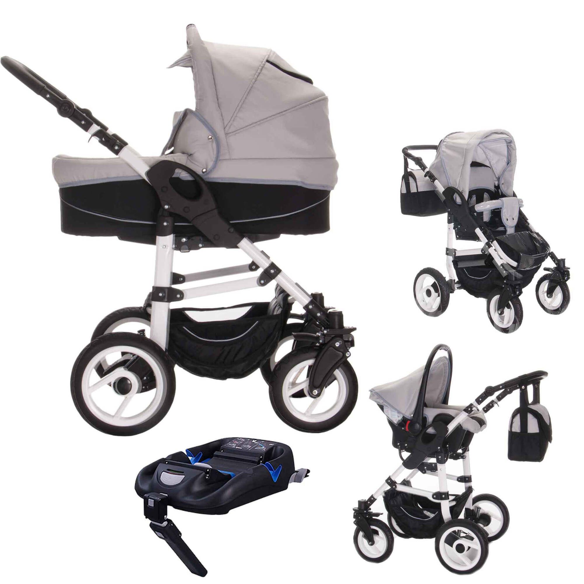 Kinderwagen-Komplettset mit grauen und schwarzen Elementen. Enthält Babywanne, Sportsitz, Babyschale und ISOFIX-Basis. Luftreifen.