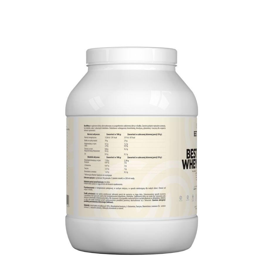 Rückseite eines weißen Best Lab Whey Proteinpräparats. Text mit Nährwertangaben und Inhaltsstoffen. Behälter mit Deckel.