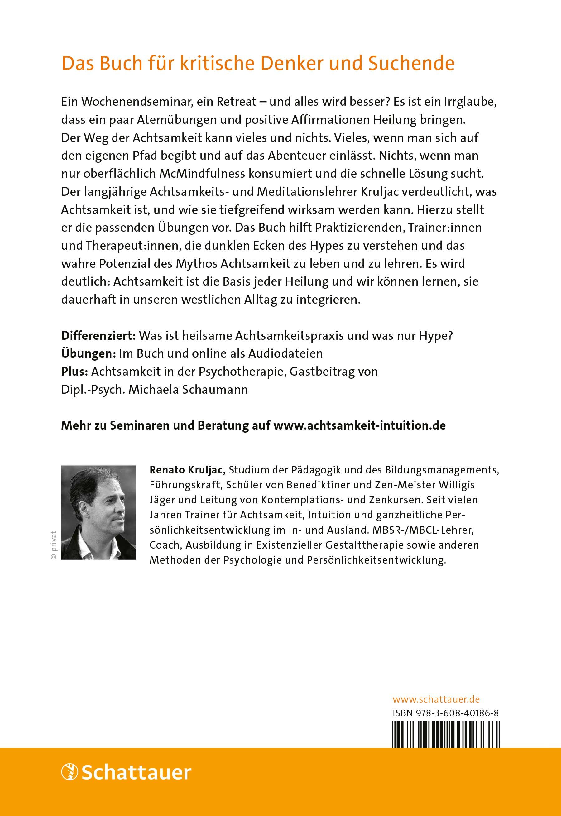Rückseite des Buches "Achtsamkeit für Skeptiker". Text und Autorenfoto. Verlagssignet und ISBN-Code unten.
