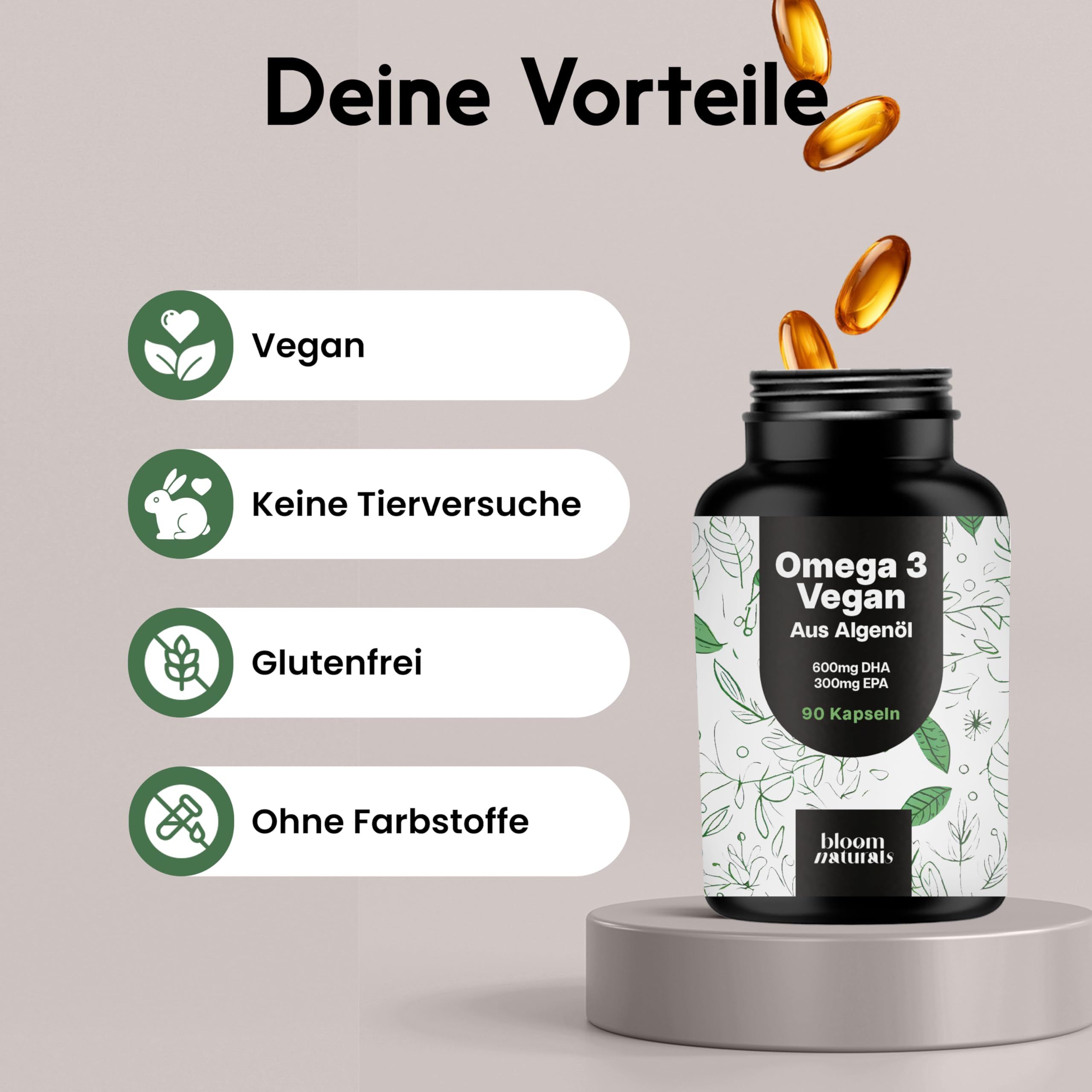 Produktflasche mit Kapseln. Text: Vegan, Keine Tierversuche, Glutenfrei, Ohne Farbstoffe. Aufschrift: Omega 3 Vegan, 90 Kapseln.