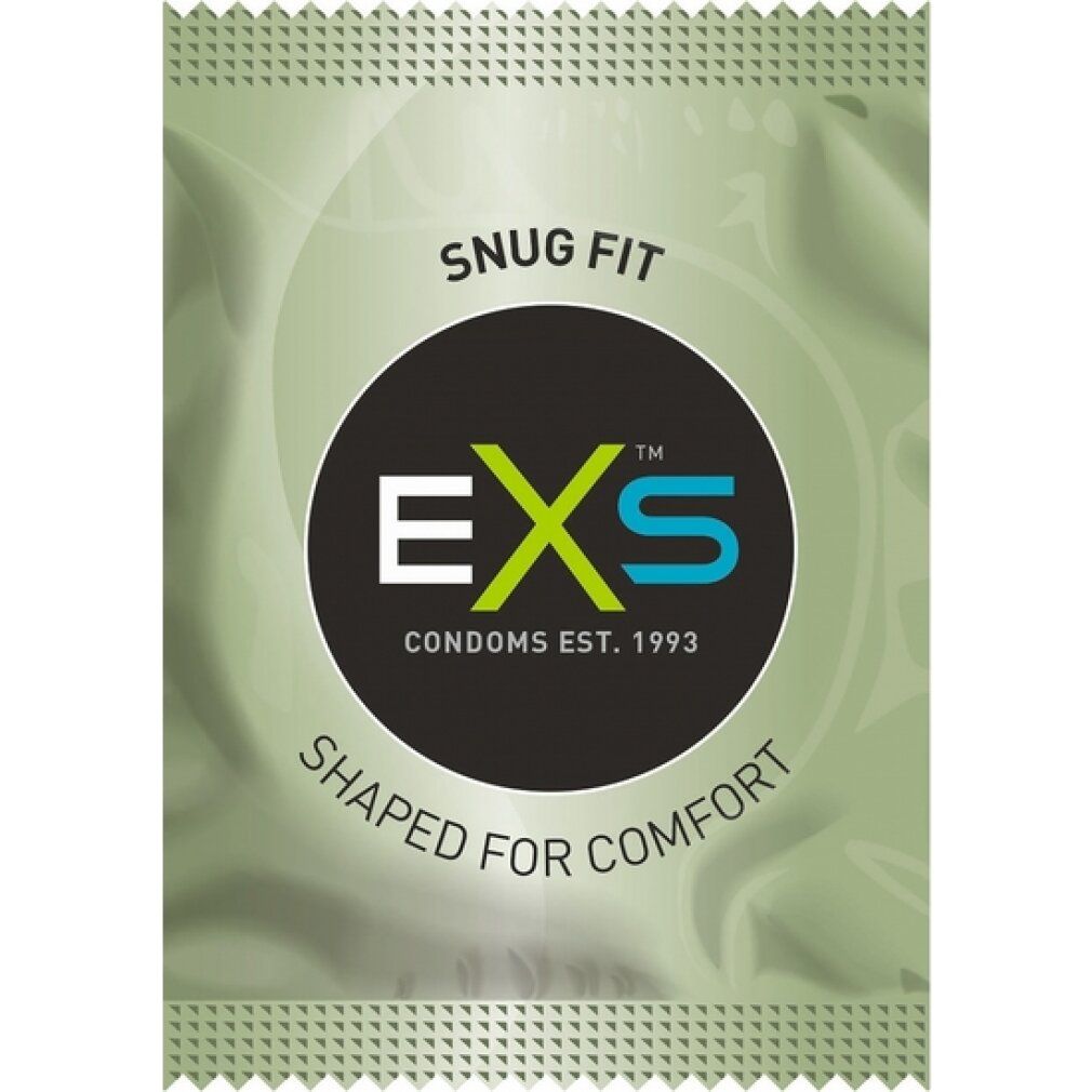 Einzeln verpacktes EXS Snug Fit Kondom. Aufschrift: Shaped for Comfort. Logo: EXS Condoms Est. 1993.