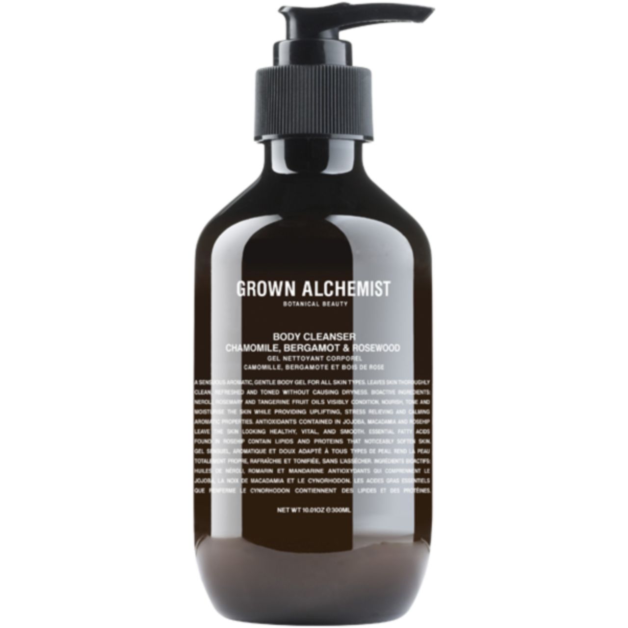 Braune Flasche mit schwarzem Pumpverschluss. Aufschrift: Grown Alchemist, Body Cleanser, Kamille, Bergamotte & Rosenholz.