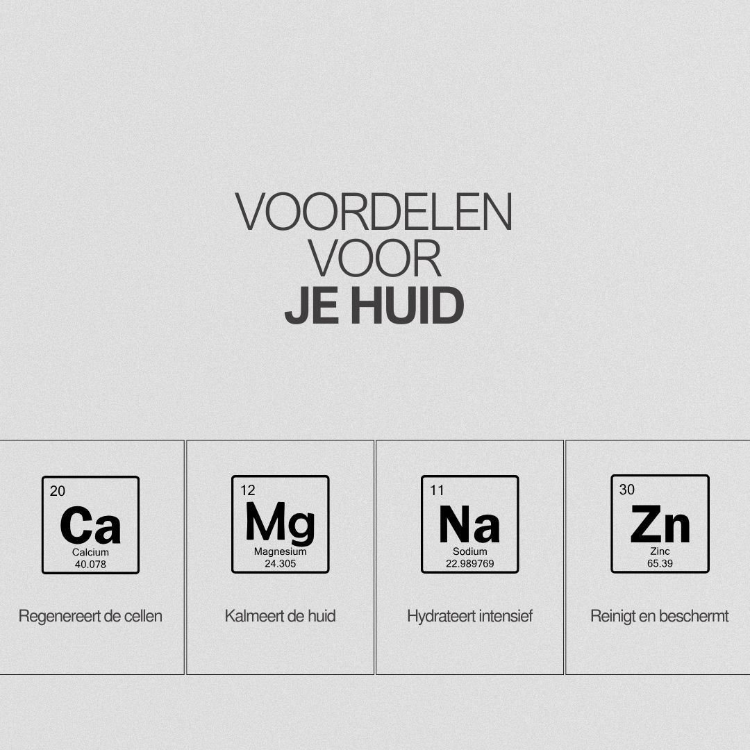 Voordelen voor je huid. 4 vierkanten met elementen: Calcium, Magnesium, Natrium, Zink. Tekst: regenereert, kalmeert, hydrateert, beschermt.