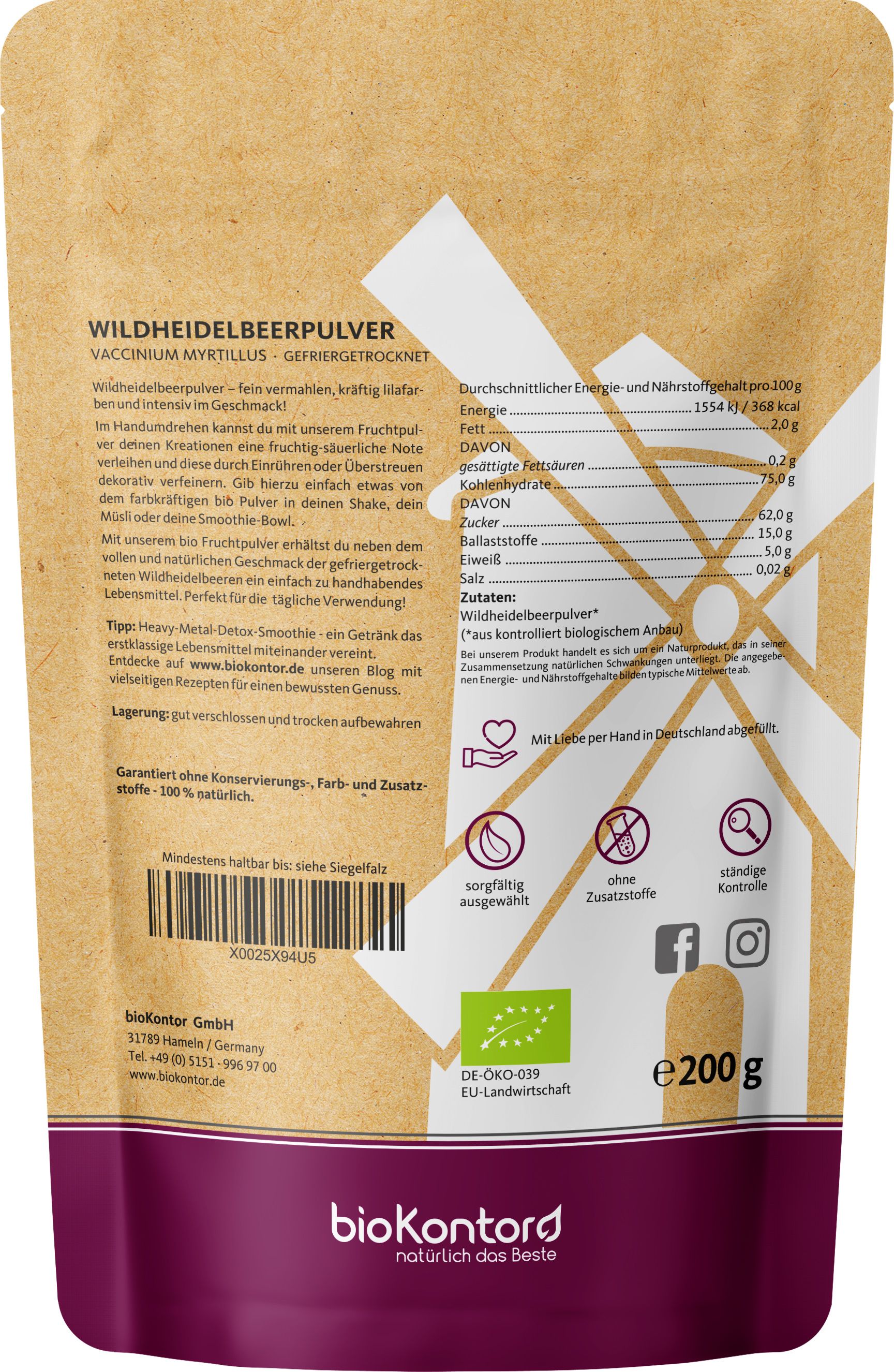 Rückseite der Wildheidelbeerpulver-Verpackung. Enthält Nährwertangaben, Zutatenliste, Bio-Zertifizierung, und Informationen zum Hersteller.